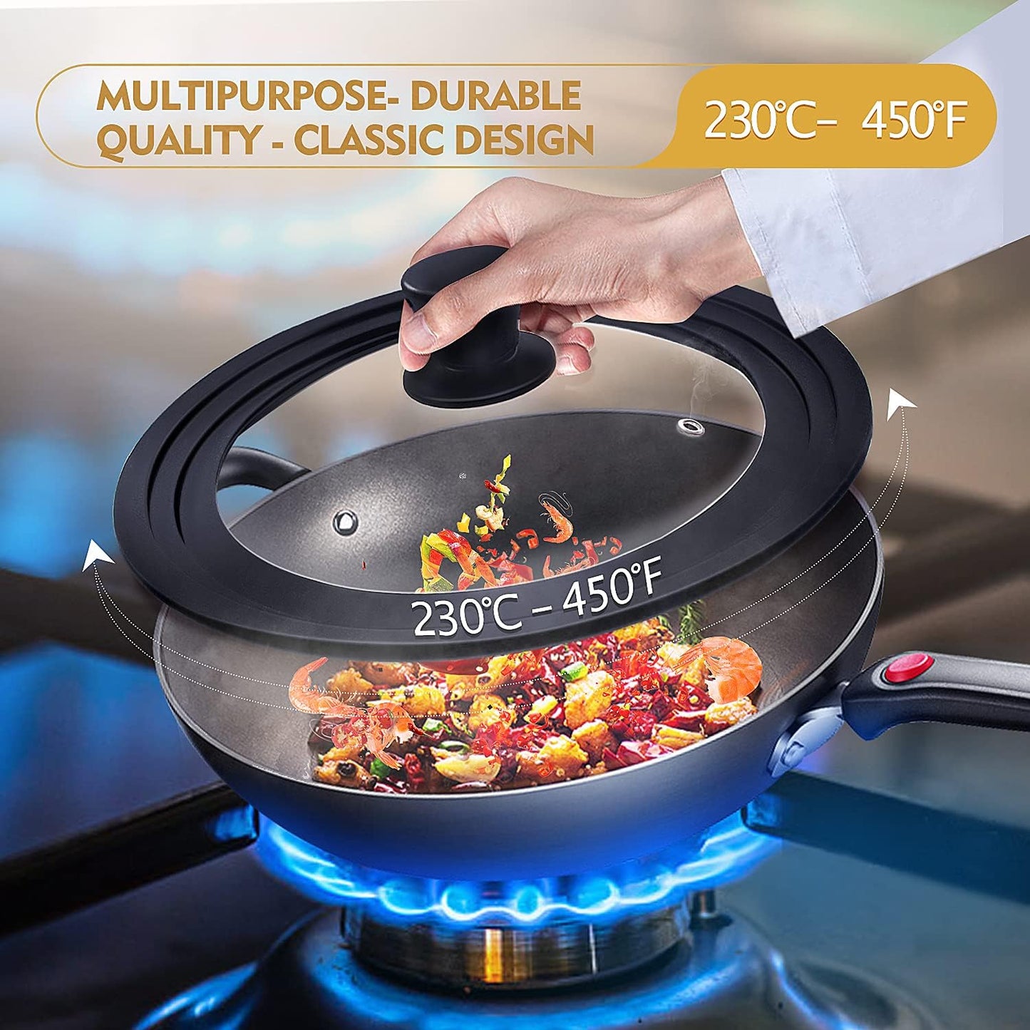 Universal Lid for Pots, Pans and Skillets, Pot Lid With Heat Resistant Silicone Rim and Tempered Glass, Fits 8", 8.5", 9.5" Diameter Pots and Pans
