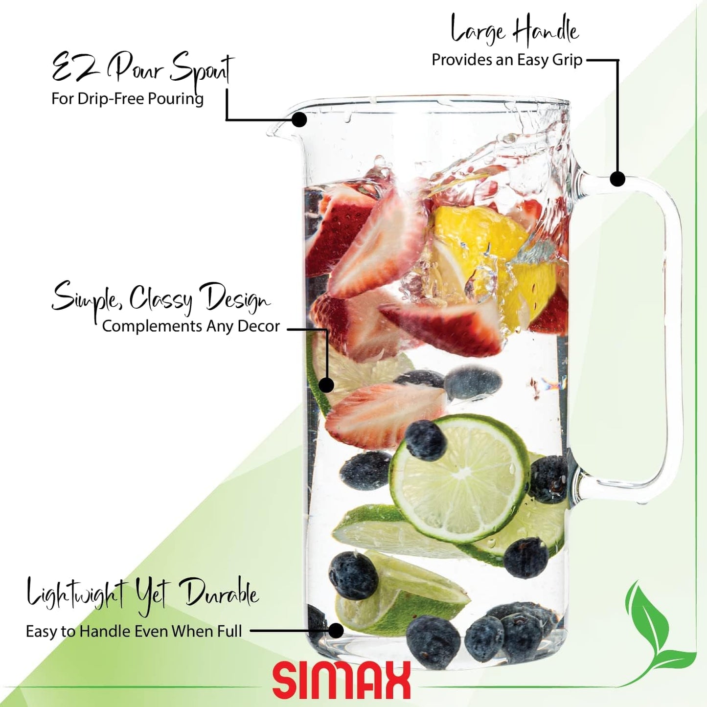 Simax Glass Pitcher, 32 Ounce (1 Quart) Borosilicate Glass, Hot and Cold Safe Iced Tea Pitchers for Drinks, Made in Europe Glass Water Pitcher, Cocktail Jug, Lemonade, Sangria