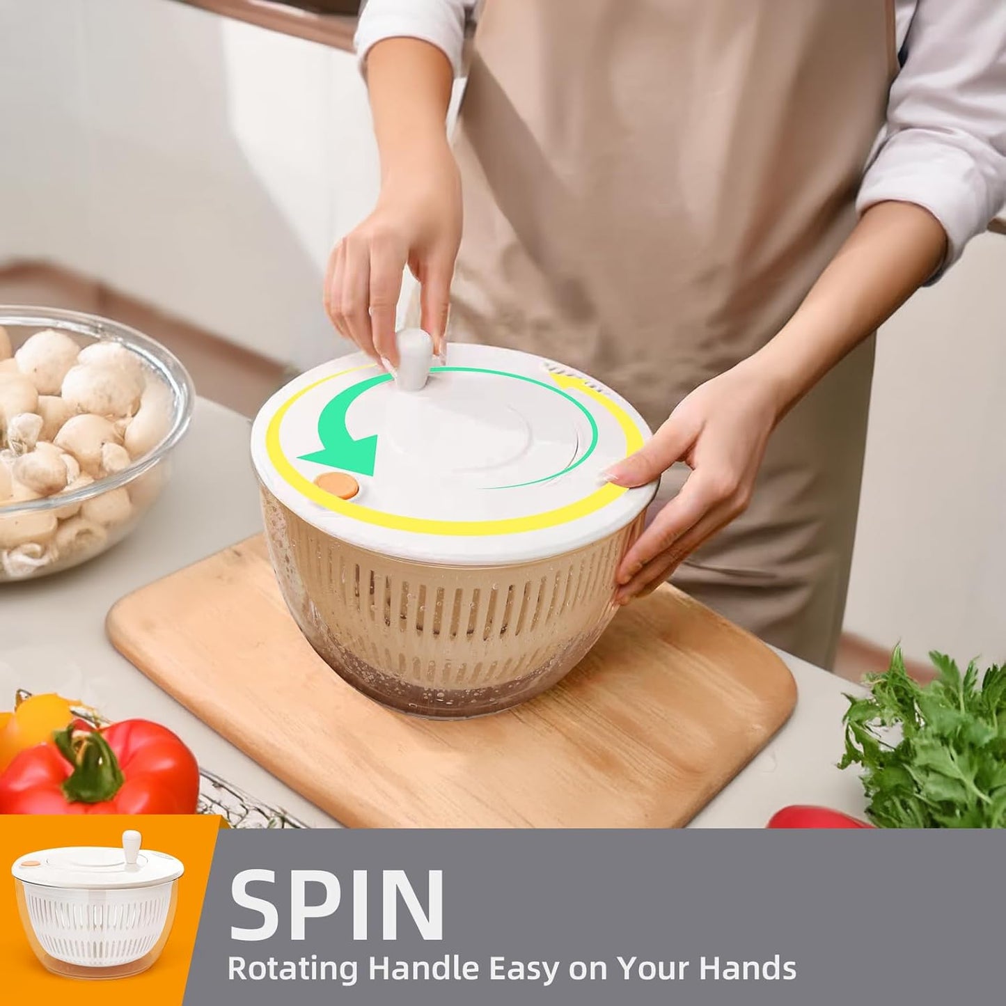 5.3QT Large Lettuce & Fruit Spinner Washing Bowl - Spin Dry Greens, Vegetables & Salad | Multitasking Kitchen Tool with Slicer, Grater & Lemon Juicer