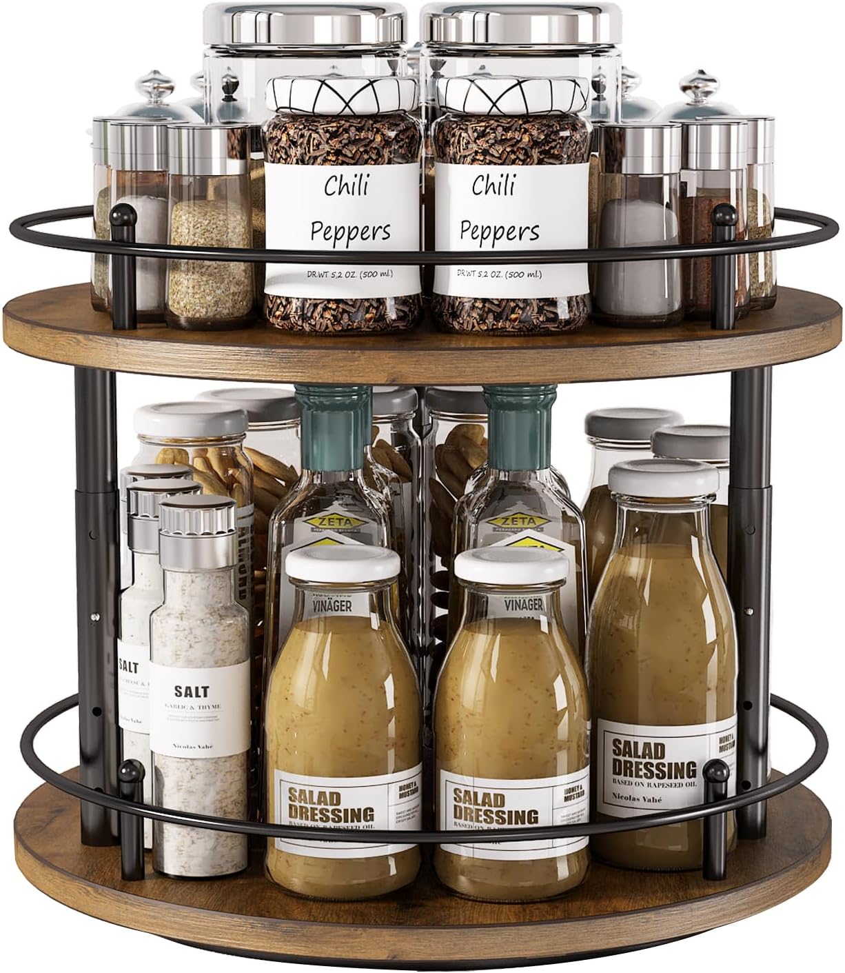 2 Tier Lazy Susan Organizer,2-Tier Spinning Spice Rack with Stable Carousel Base & 4 Height Settings for Cupboard Kitchen Countertop Dining Table Cupboard (Two-Ply(Round))