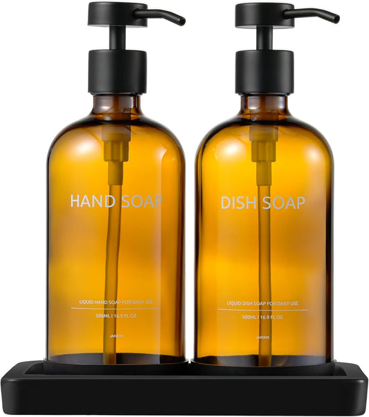 Glass Kitchen Soap Dispenser Set with Ceramic Tray,16.9 floz Hand and Dish Soap Dispenser for Kitchen and Bathroom Decor,Amber Kitchen Accessories(Amber Bottles + Black Pumps)