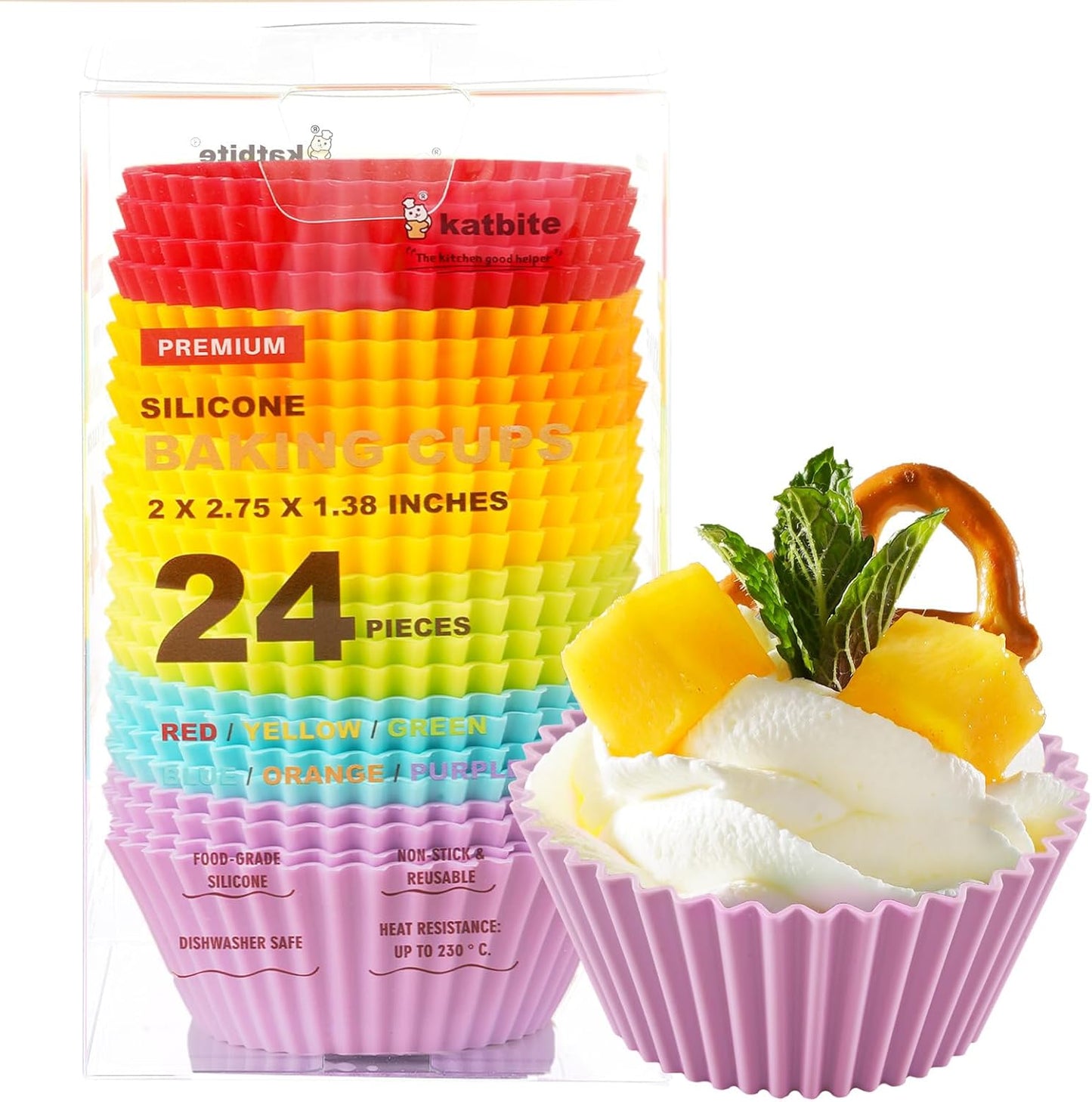 Katbite Silicone Cupcake Liners 24 Pack - Non-stick Silicone Muffin Liners Set, Thick & Heavy Duty Cupcake Molds - Perfect for Party Halloween Christmas Bakery Supplies, Multicolor