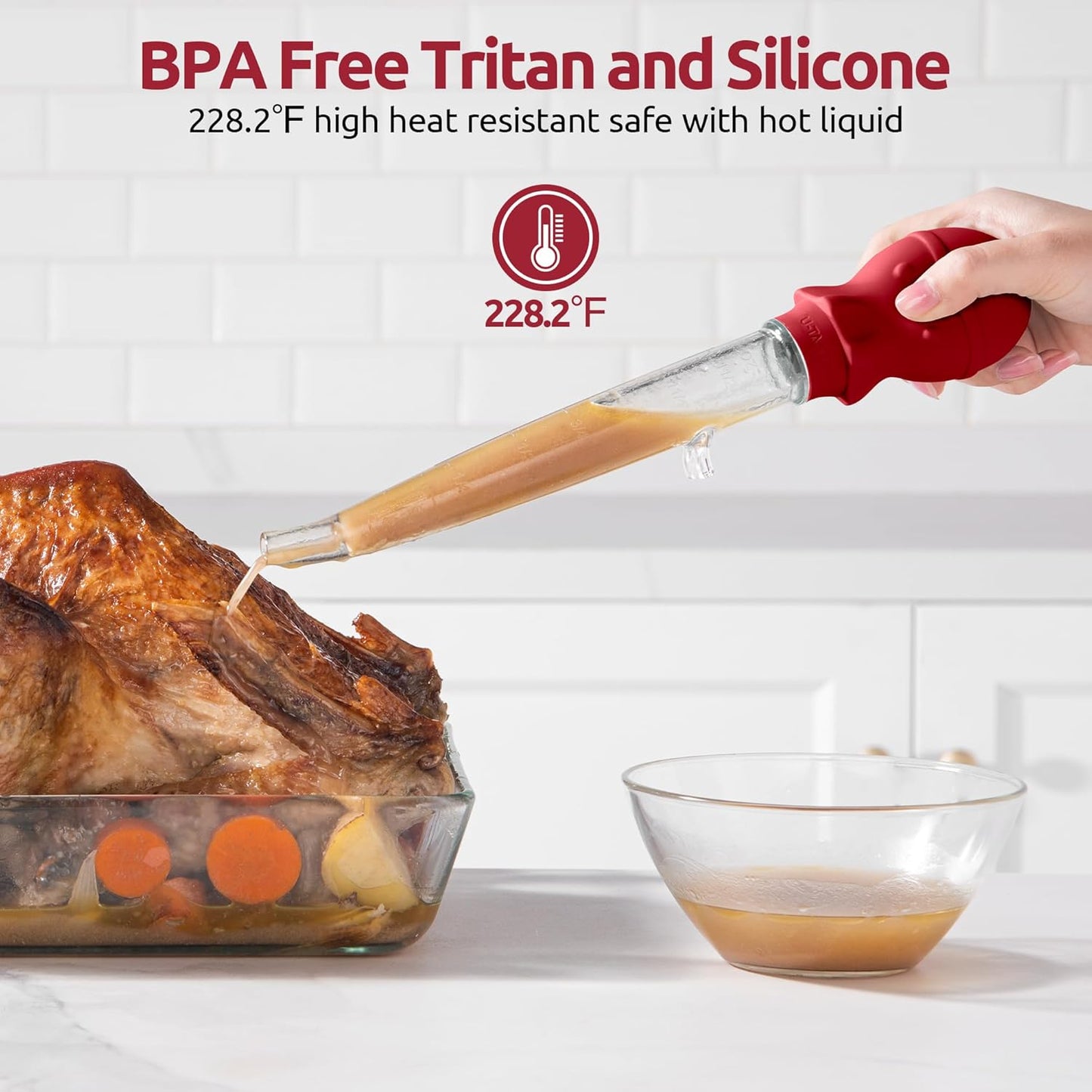 U-Taste 1.5oz Angled Turkey Baster - 228.2ºF Heat Resistant Food Grade Tritan and Silicone Large Octopus Bulb Baster Set with Cleaning Brush for Cooking Basting Meat Poultry Beef Chicken (Red)
