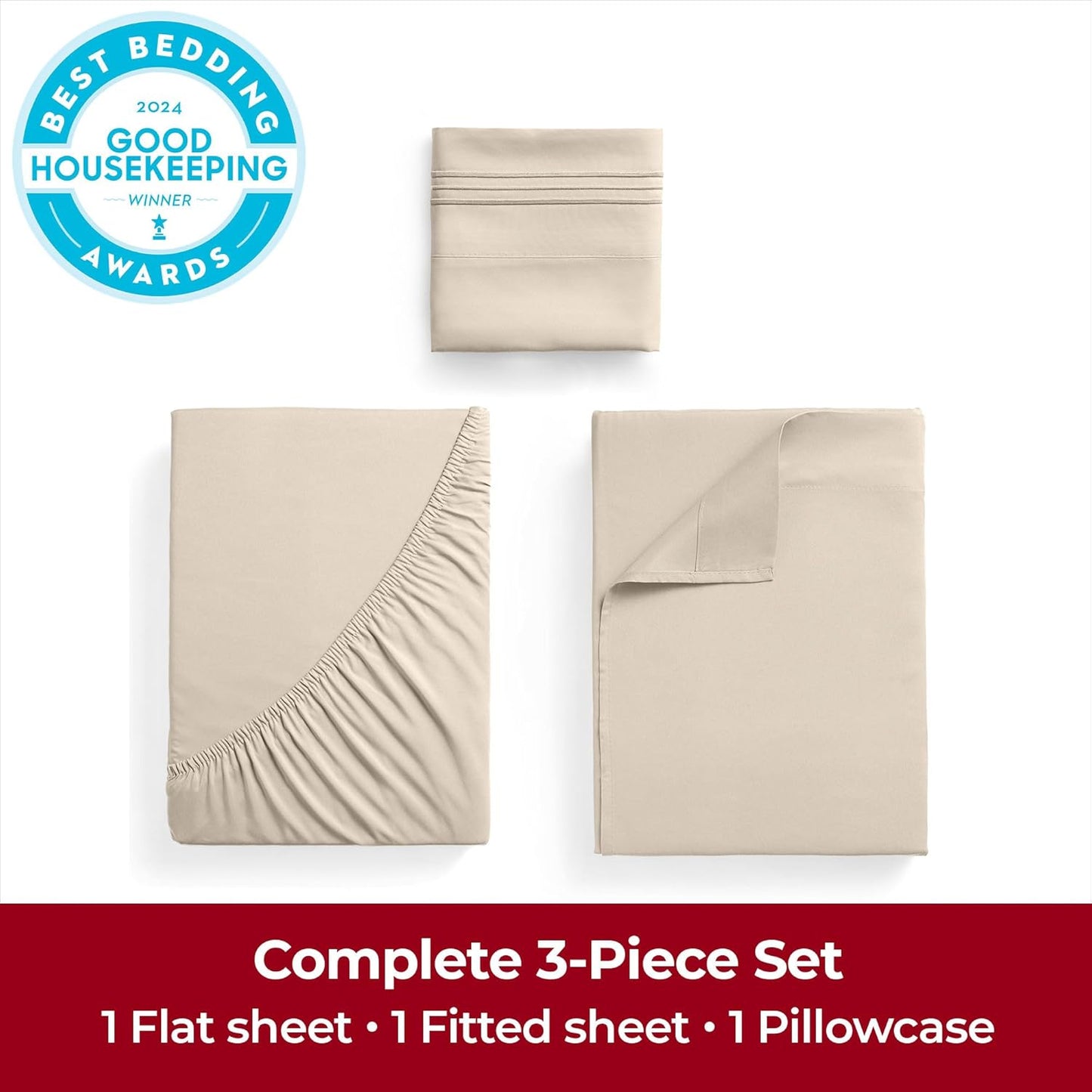 Mellanni Twin Sheets Set - 3 PC Iconic Collection Bedding - Hotel Luxury, Extra Soft, Cooling Bed Sheets - Wrinkle, Fade, Stain Resistant (Twin, Beige)
