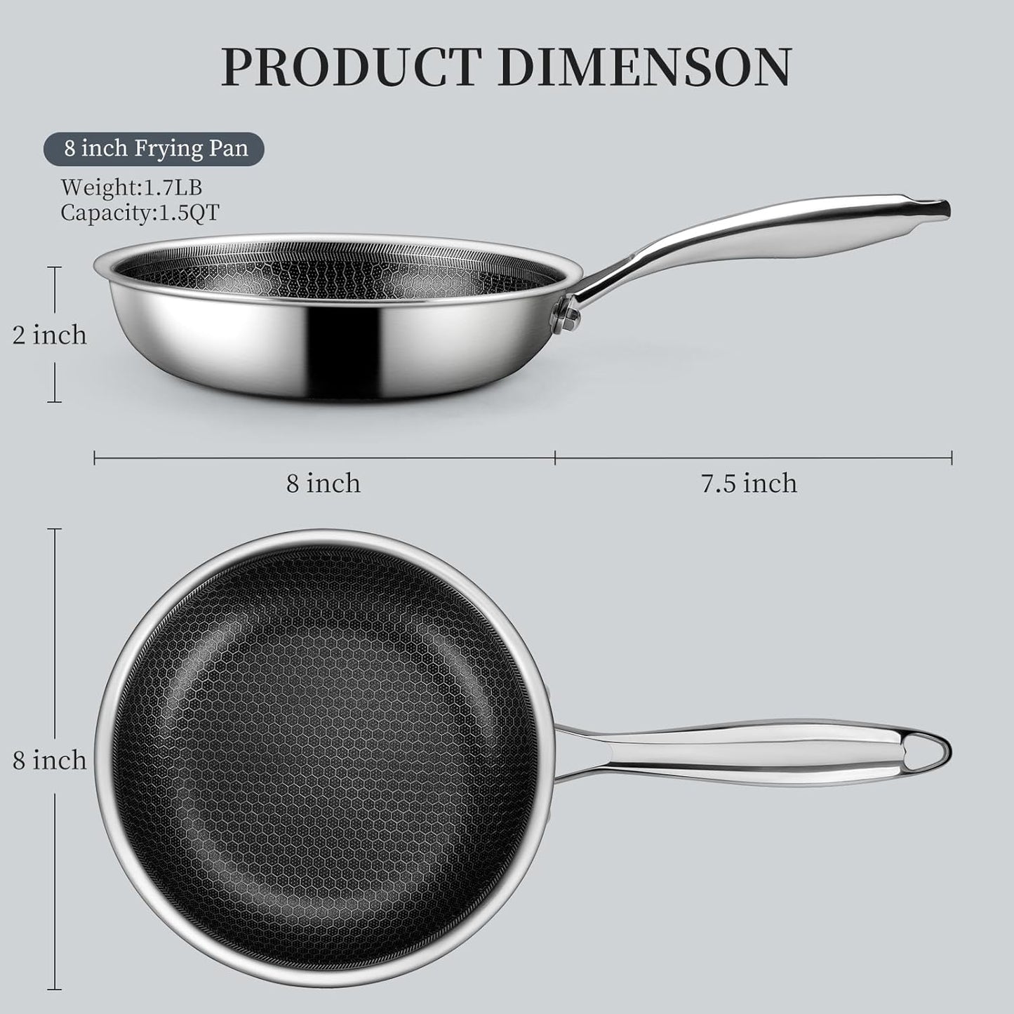 Stainless Steel Frying Pan 8 Inch Nonstick Honeycomb Coatings Skillet for Eggs & Omelettes-Non Toxic Healthy Kitchen Cooking Pan Compatible with All Cooktops