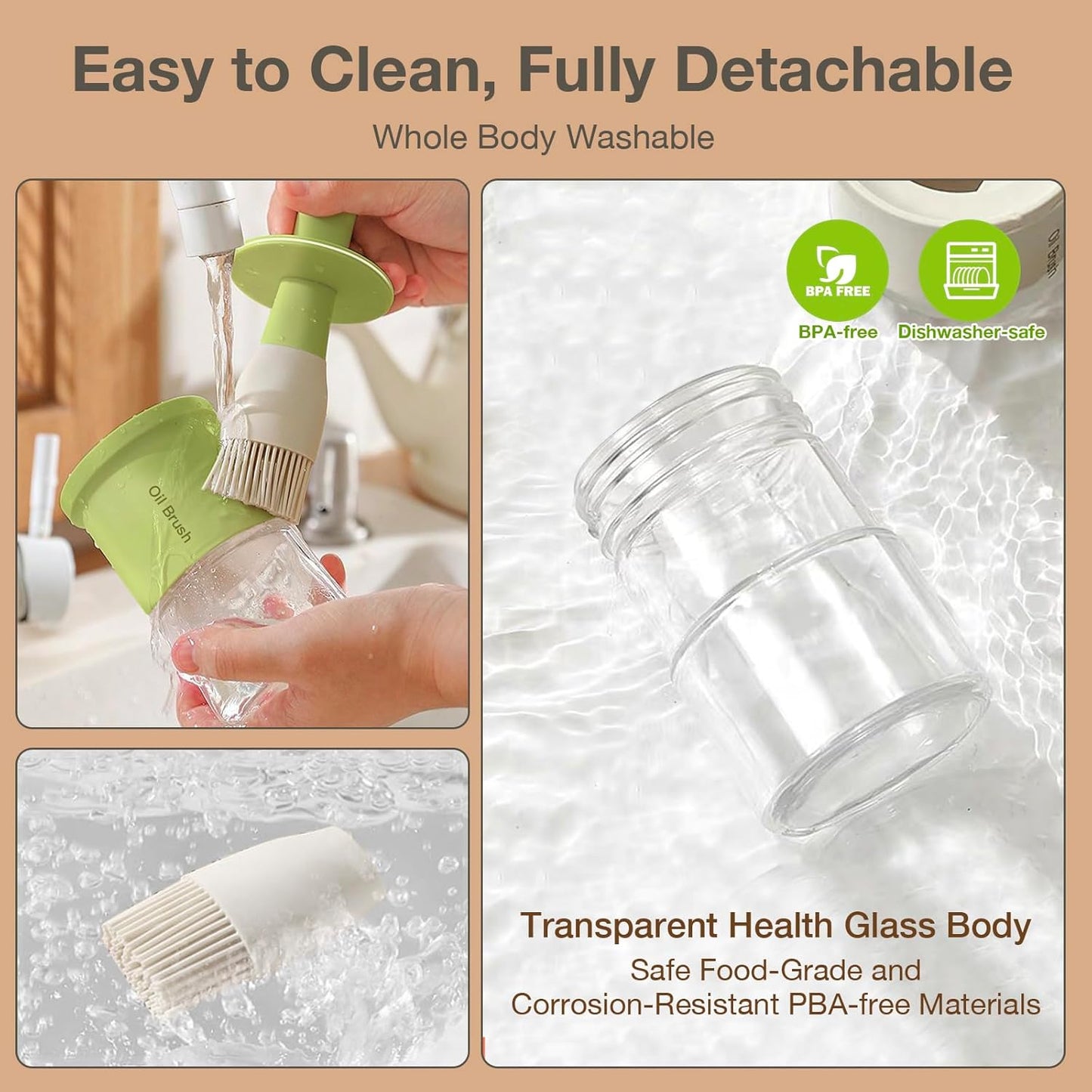 YARRAMATE 2pcs 300ml / 10oz Glass Oil Dispenser - Silicone Heat Resistant Brush for Cooking, BBQ, Grill & Frying - White & Green