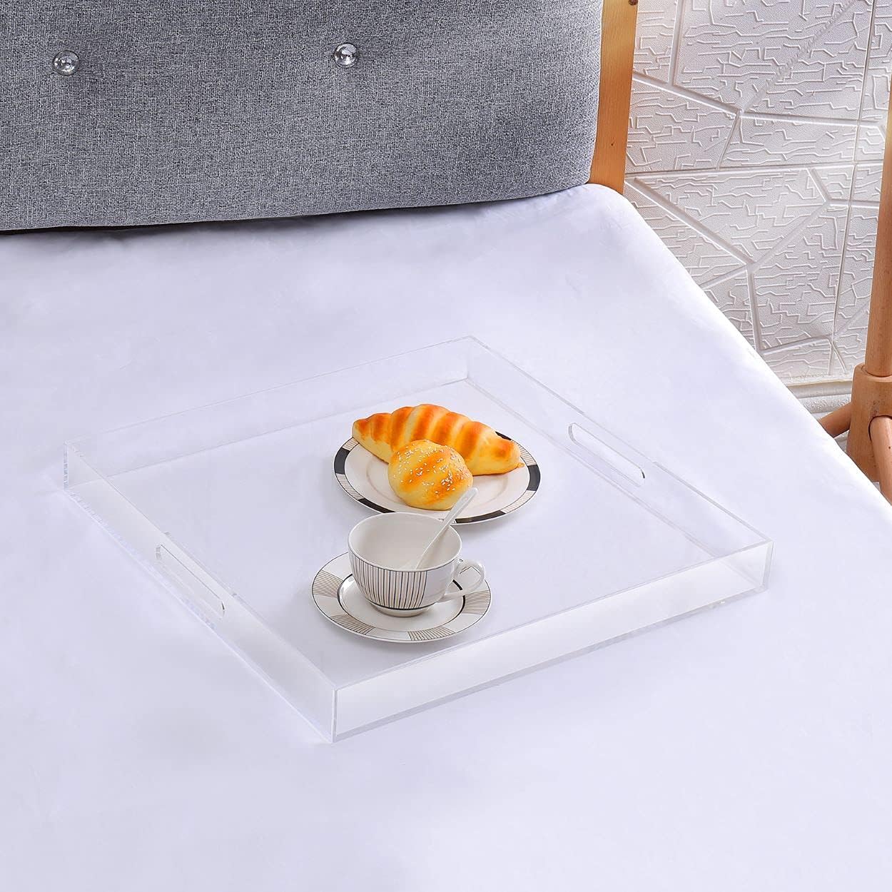 Extra Large Clear Modern Acrylic Ottoman Tray with Cutout Handles 22x22 Inch Over-Sized Serving Tray Organizer Boot Tray Decorative Tray for Living Room Bedroom Entryway and Kitchen Tabletop