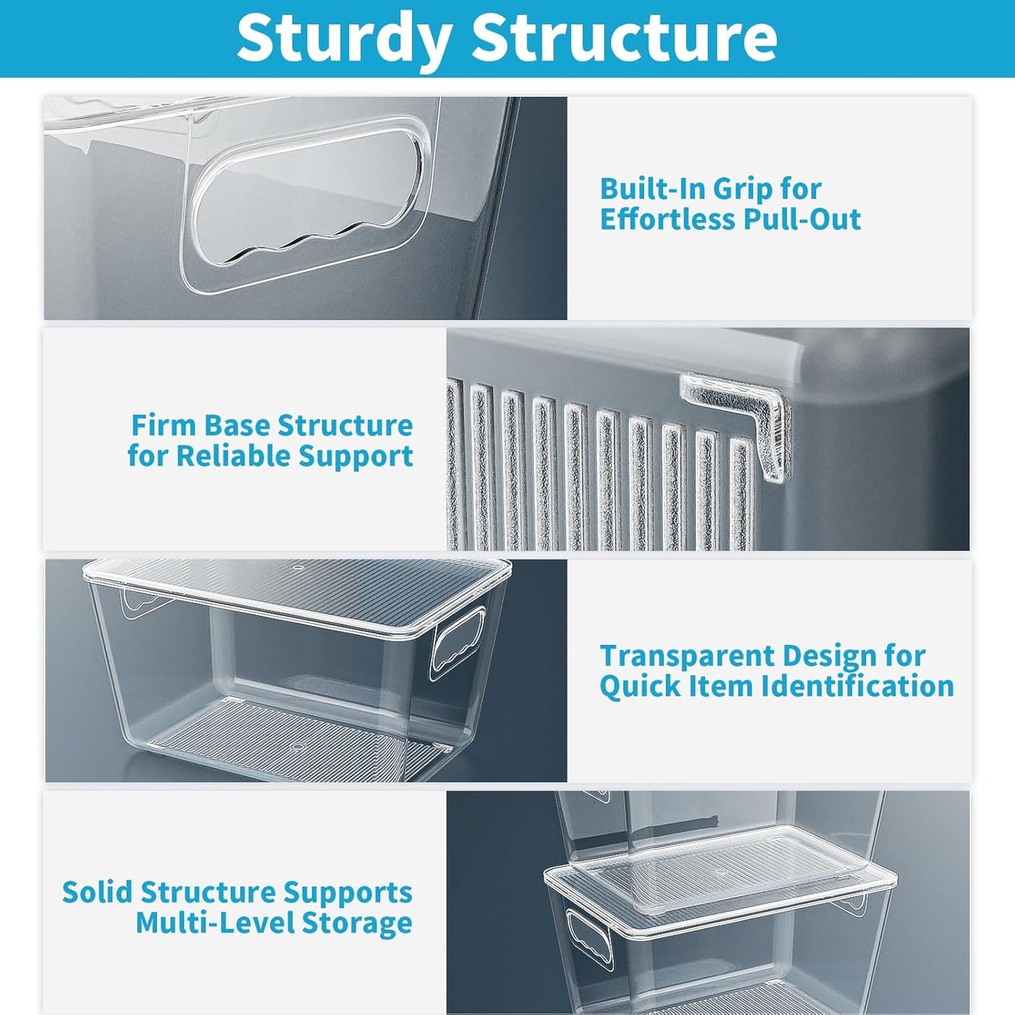 Clear Plastic Storage Bins, Pantry Organizers & Storage Containers, Cabinet Organizer, Home Organization Must Haves for Kitchen, Laundry Room, Office, Closet & Freezer (4 Pack with Lids)