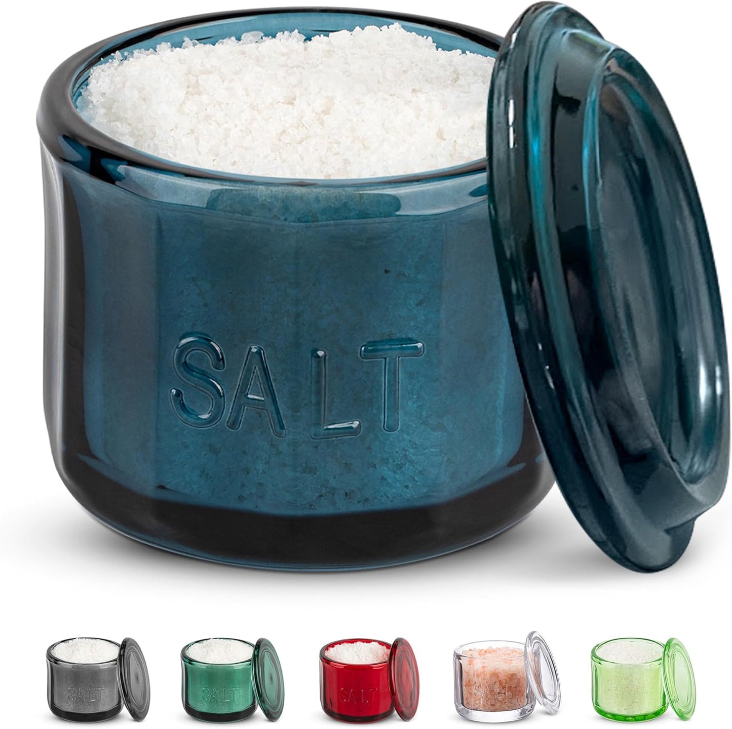KooK Glass Salt Cellar, with Lid, Embossed Pressed Glass, Clear Storage Container, for Coffee, Sugar, Spices and Candies, Hand Wash Only, 10 oz, (Navy Blue)