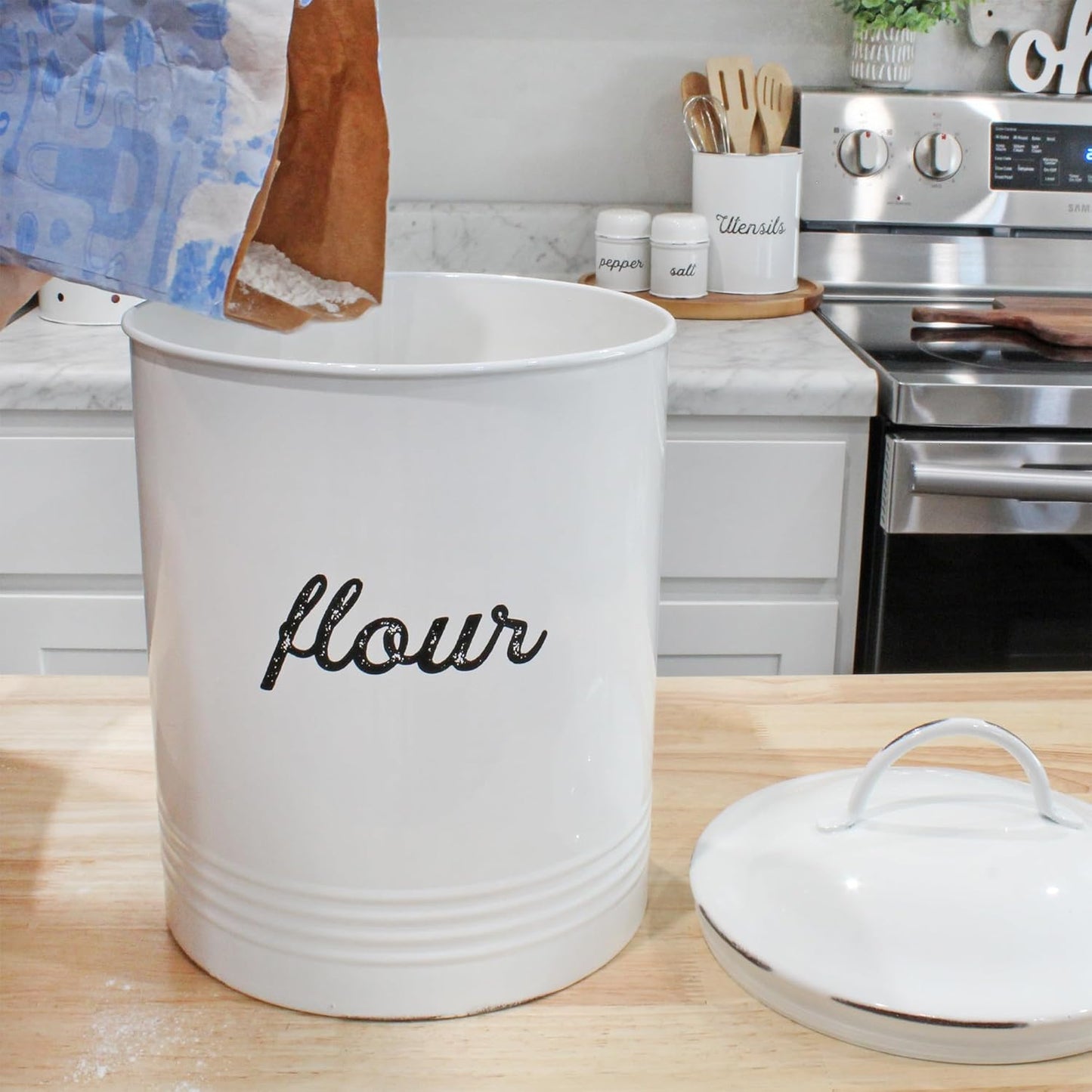AuldHome Design Enamelware White Flour Canister; Rustic Distressed Style Staples Storage for Kitchen