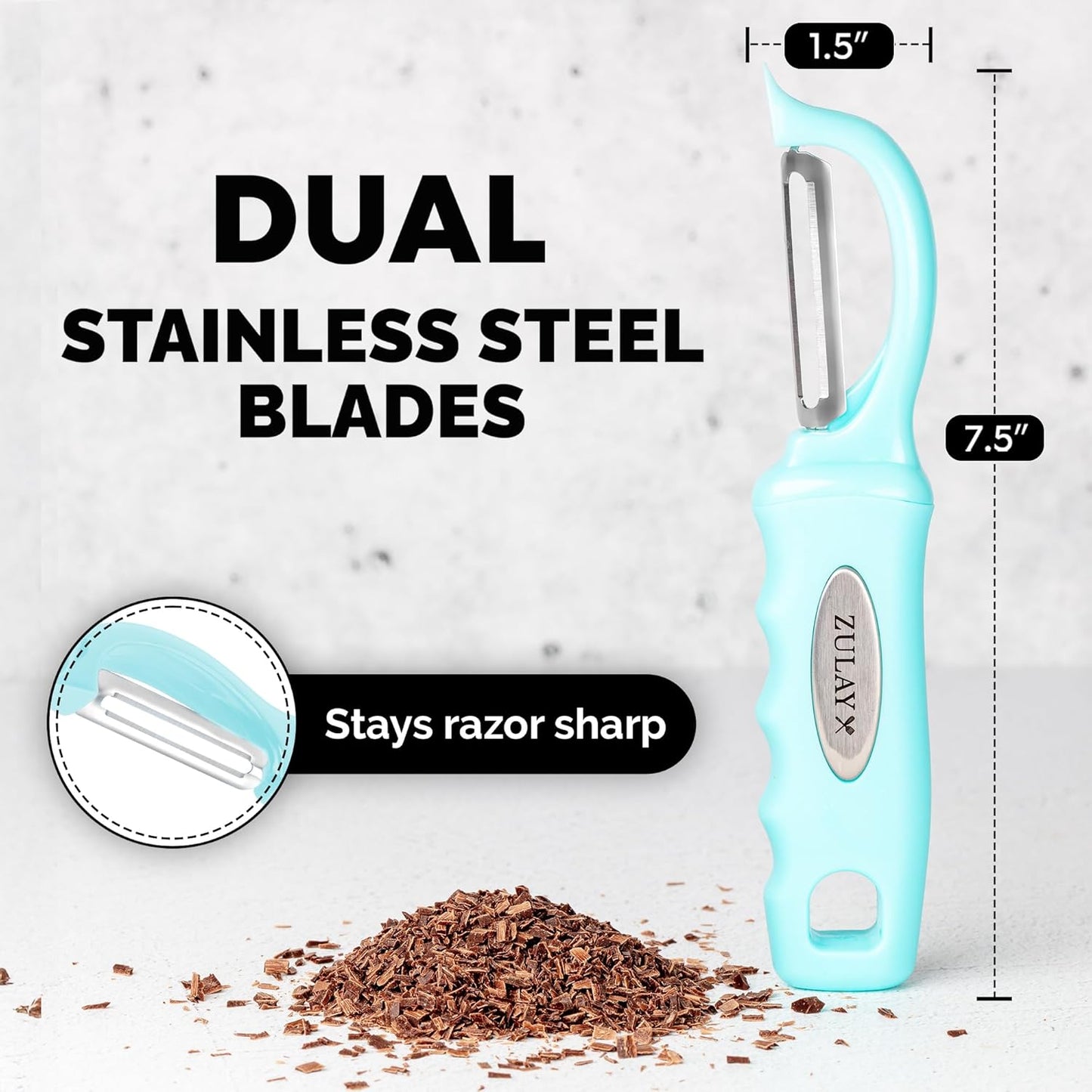 Zulay Kitchen Premium Vegetable Peeler for Kitchen - Swivel Peeler with Razor Sharp Stainless Steel Blades & Strong Ergonomic Handle - Dishwasher Safe, Easy To Use with Blemish Remover - Light Blue