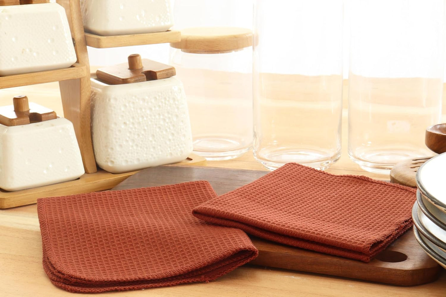 PurpleEssences Rust Dish Cloths and Dish Rags - 8 Pack Waffle Weave Solid Kitchen Dish Wash Cloths, 100% Cotton, 12 x 12 Inches, Ultra Soft Absorbent Quick Drying - Spring Summer Easter - Rust