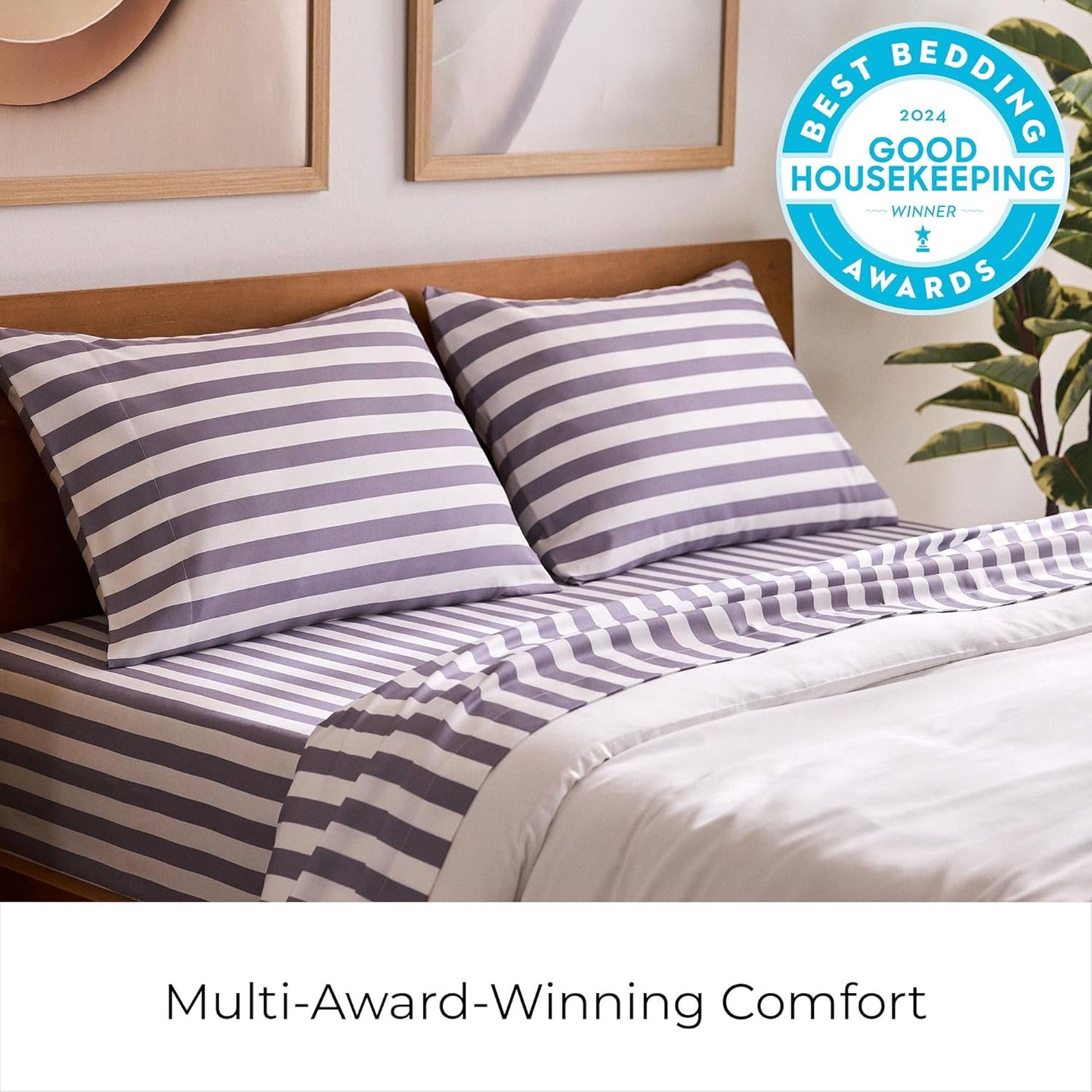 Mellanni King Sheets Set - 4 PC Iconic Collection Bedding - Hotel Luxury, Extra Soft, Cooling Bed Sheets - Wrinkle, Fade, Stain Resistant (King, Oxford Stripe Hazy Lilac)