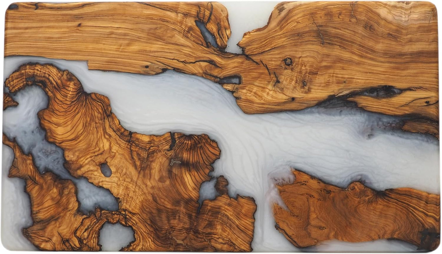 Handmade Charcuterie & Cutting Board - Decorative, Olive Wood Boards for Serving Cheese, Fruit, Meat - Ideal Kitchen, Unique Housewarming Gift - White Resin