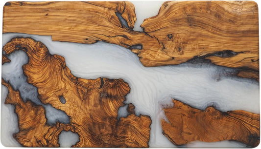 Handmade Charcuterie & Cutting Board - Decorative, Olive Wood Boards for Serving Cheese, Fruit, Meat - Ideal Kitchen, Unique Housewarming Gift - White Resin