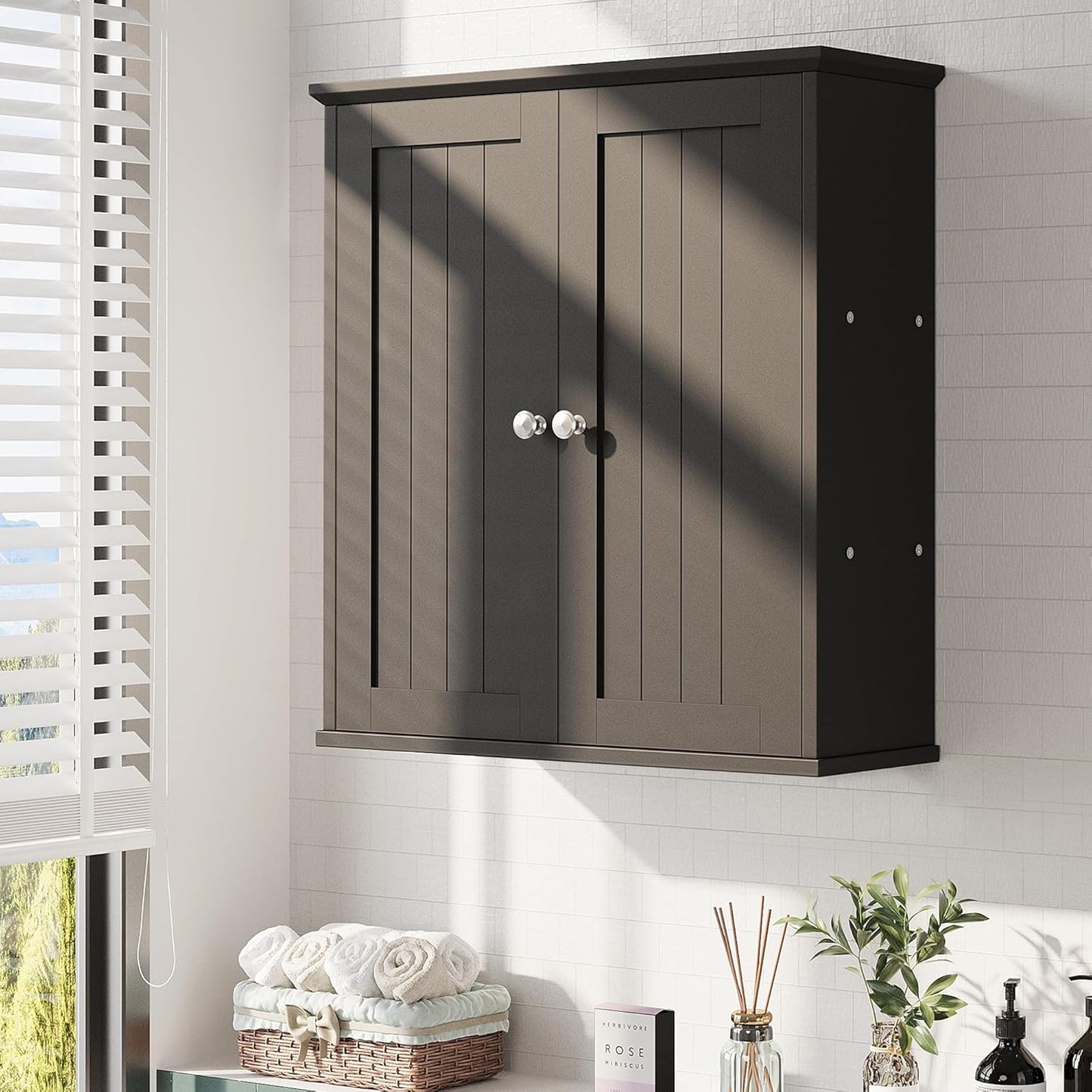 Meilocar Bathroom Wall Cabinet, Bathroom Cabinet Wall Mount, Over Toilet Space Saver Storage Cabinet, Wood Medicine Cabinets, Black
