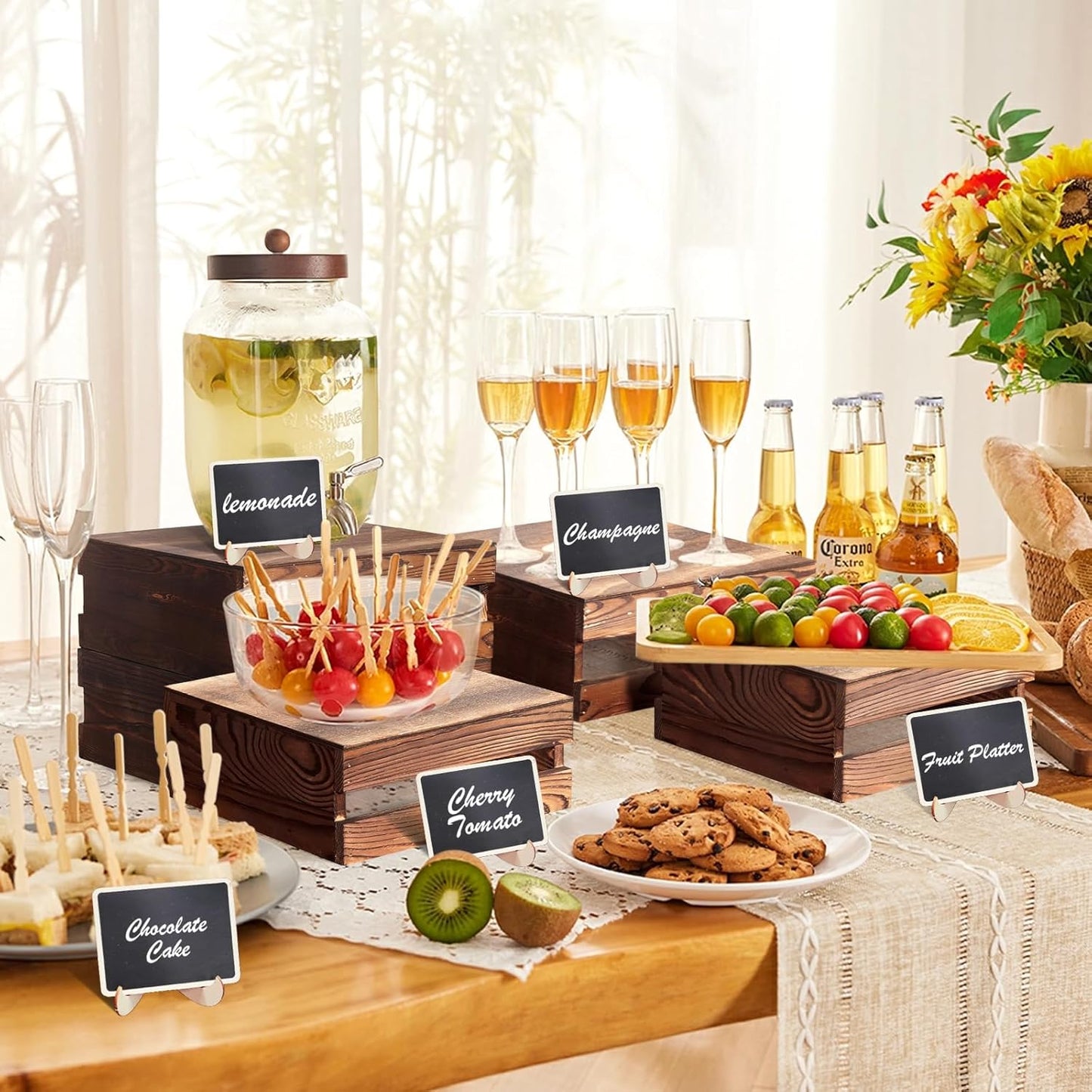 6 Pcs Buffet Risers with Mini Signs, Rustic Wood Cake Stands, Food Risers for Buffet Table, Dessert Display Stand, Wood Crates, Rustic Cake Stand for Party, Wedding, Birthday, Baby Shower, 3 Sizes
