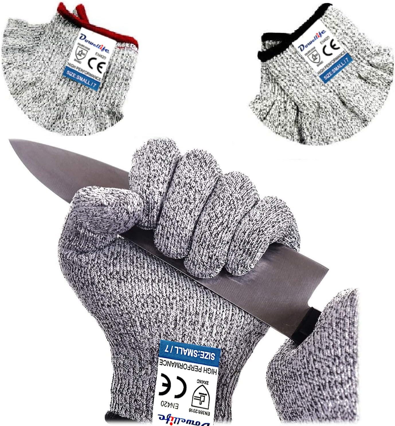 Dowellife Cut Resistant Gloves Food Grade Level 5 Protection, Safety Kitchen Cuts Gloves for Oyster Shucking, Fish Fillet Processing, Mandolin Slicing, Meat Cutting and Wood Carving. (Small-2 Pairs)