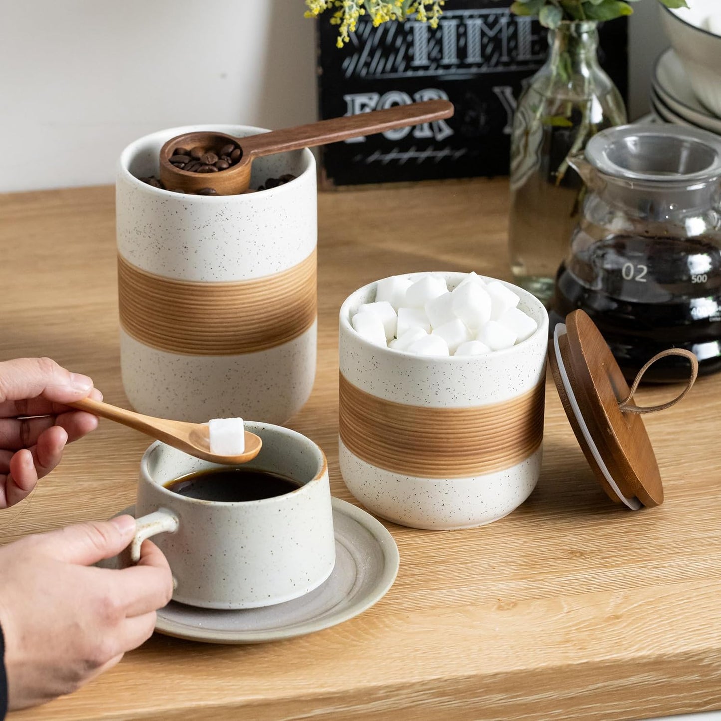 Spice Jars with Lid, Coffee Container Kitchen Food Storage Jars for Spice Sugar Tea Bag, Stackable Decorative Jars for Countertop, White & 37 fl.oz