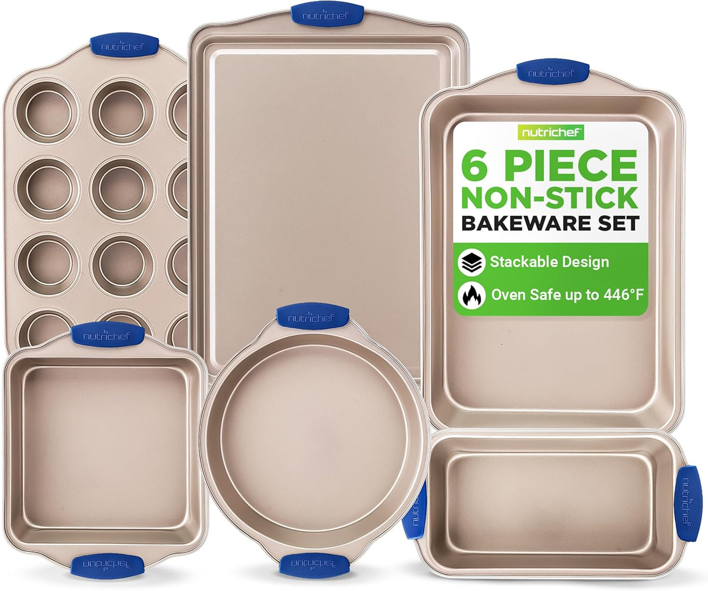 NutriChef 6-Piece Nonstick Bakeware Set - Premium Carbon Steel Baking Trays w/Heat-Safe Silicone Handles - Includes Loaf Pan, Muffin/Cupcake Pan, Round & Square Roaster Pans, Cookie Sheet - NCSBSG36