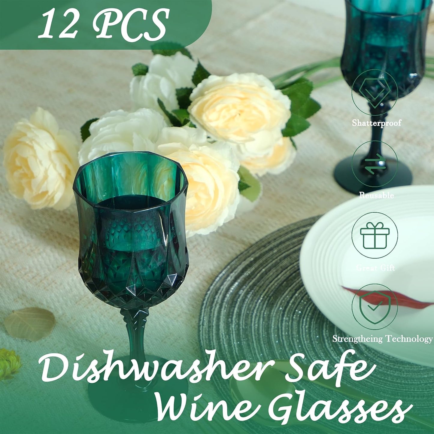 Plastic Wine Glasses，Plastic Goblets Vintage Style Cordial Drinking Glasses for Wedding Reception, Grand Event Party Supplies (12, Green)