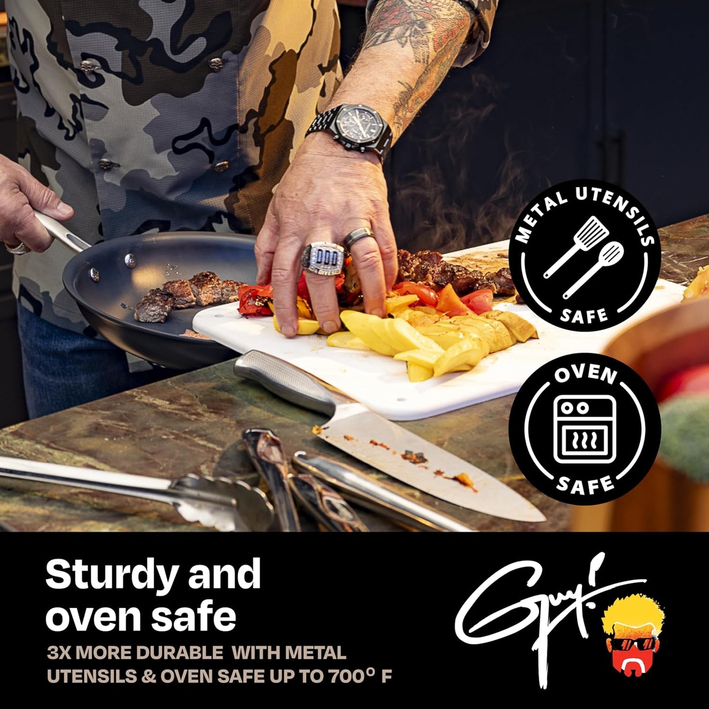 Guy Fieri's Flavortown Laser Titanium 2 Pcs Fry Pan Set 8.5" and 10" - Non-stick Cookware Set Without PFAS, PTFE, or PFOA, 3x More Durable, Dishwasher Safe, Oven Safe