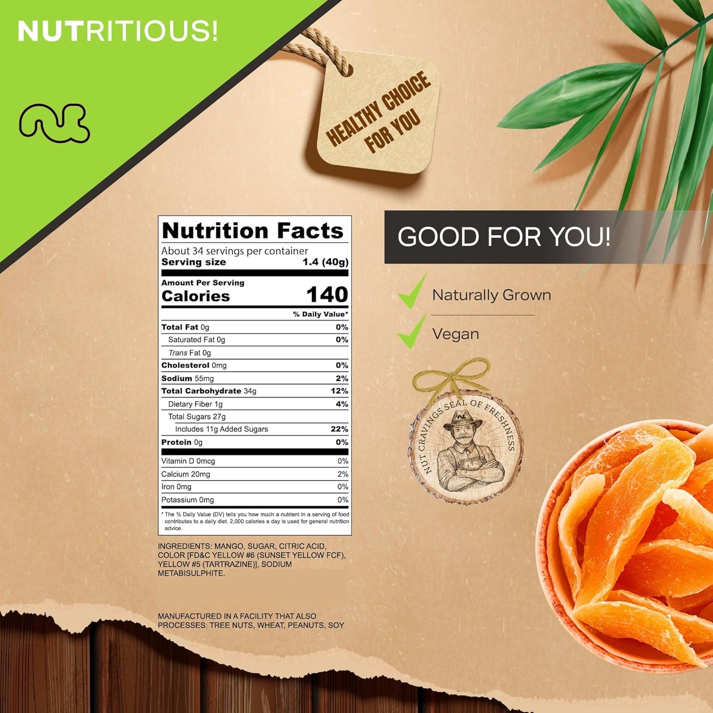 NUT CRAVINGS - Sun Dried Mango Slices, Lightly Sweetened (48oz, 3 LB) Bulk Dry Fruits Packed Fresh in Resealable Bag - Sweet Healthy Snack, Naturally Grown, Vegan, Kosher