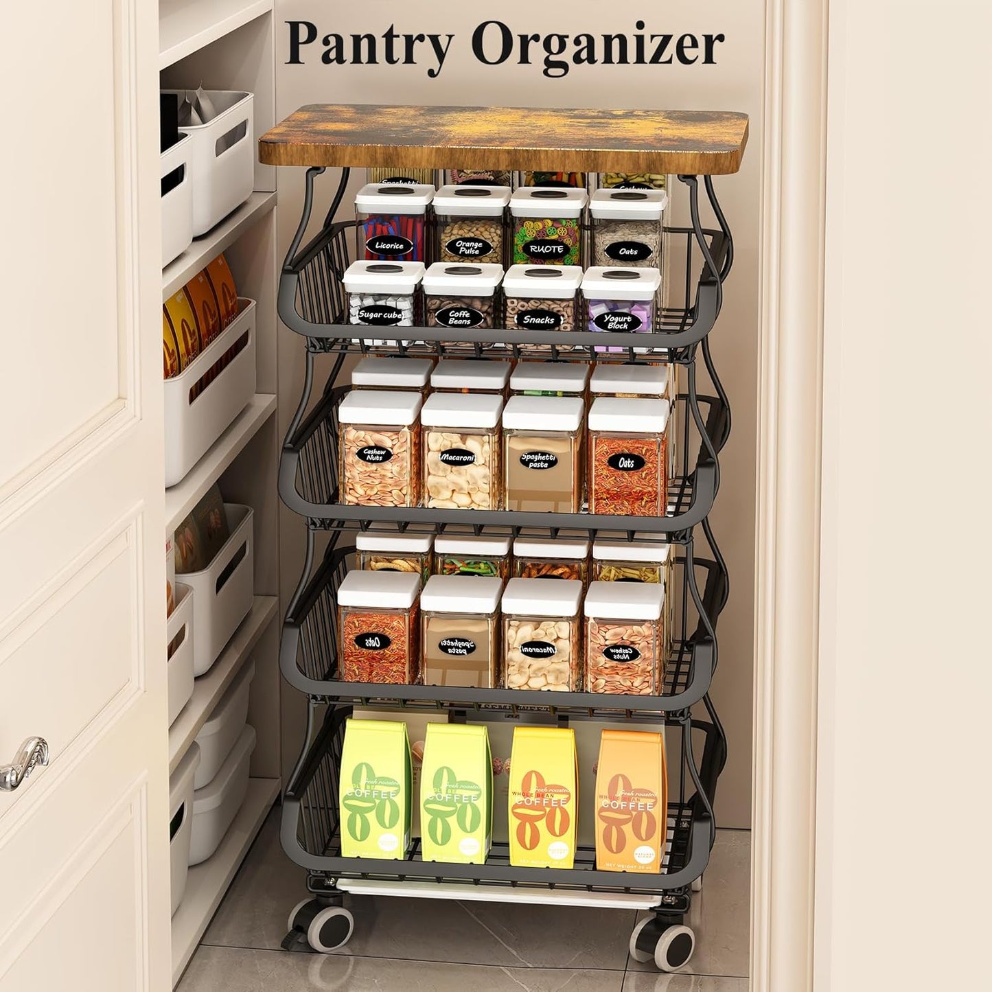 Fruit Basket Kitchen Pantry Organizers and Storage - Wooden Top Table, Stackable Metal Wire Basket Stand Cart for Fruit Vegetable Snacks Jars Bins Containers Organization, Black