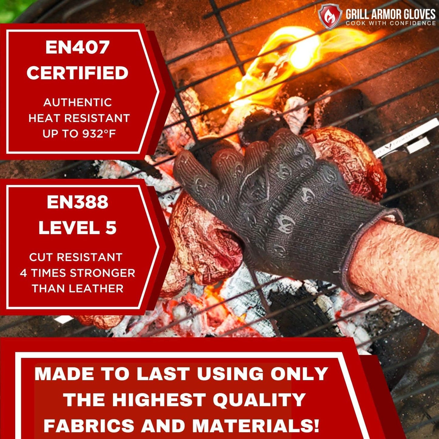 Grill Armor Oven Gloves 932°F Extreme Heat & Cut Resistant Oven Mitts with Fingers for BBQ, Cooking, Grilling, Baking –Accessory for Smoker, Cast Iron, Fire Pit, Camping, Fireplace, Griddle & More