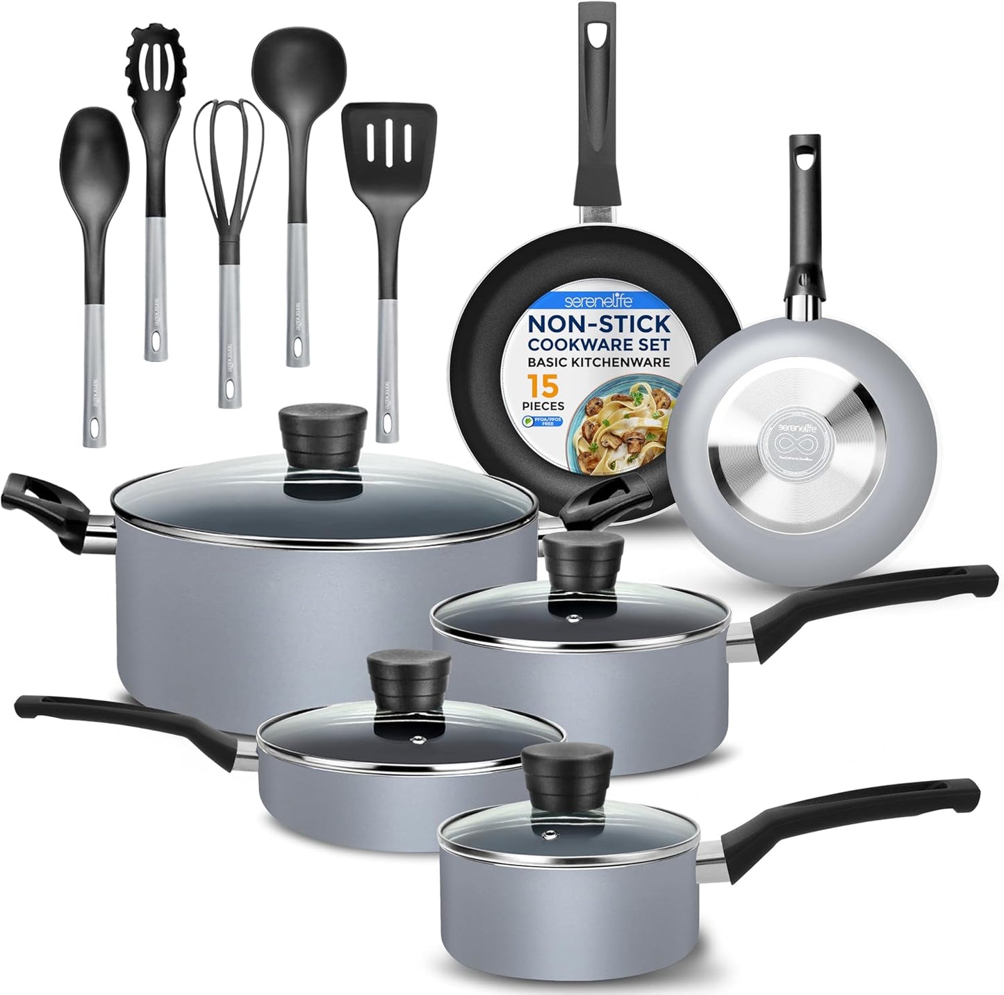 SereneLife Kitchenware Pots & Pans Basic Kitchen Cookware, Black Non-Stick Coating Inside, Heat Resistang Lacquer (11 Piece set), One Size, Gray