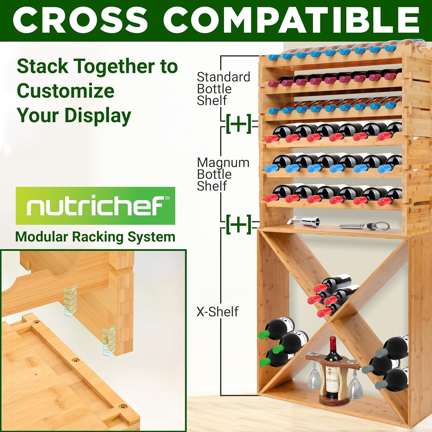 24 Bottle Bamboo Stackable Wine Rack - X Frame Cube Wobble-Free Modular Liquor Display Shelves | Can Hold up to 220.5 lbs (Natural)