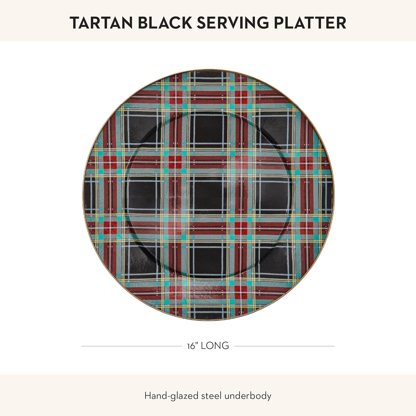 MACKENZIE-CHILDS Enamel Serving Platter, Decorative Serving Platter for Food, 16 Inches, Black Tartan