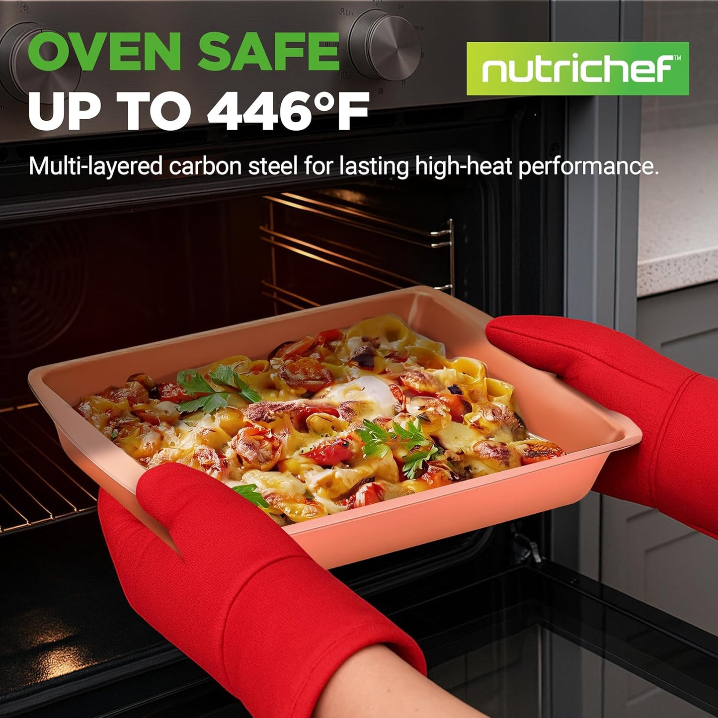 NutriChef 5 Piece Baking Pan Set - PFOA, PFOS, PTFE Free Flexible Nonstick Carbon Steel Bakeware Set - Home Kitchen Bake Pan Cookie Sheet Stackable Baking Tray Set w/Black Silicone Handles NC5PCS