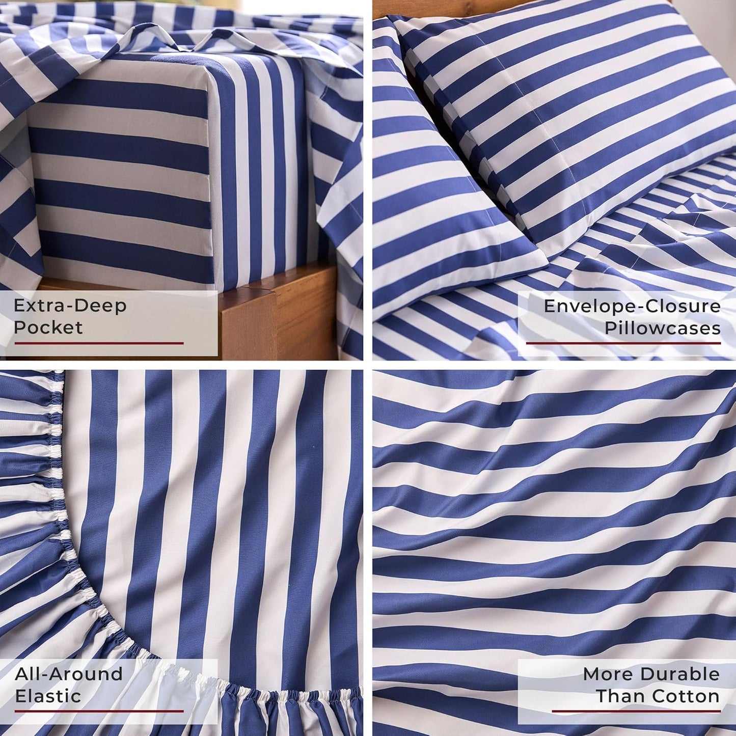 Mellanni King Sheets Set - 4 PC Iconic Collection Bedding - Hotel Luxury, Extra Soft, Cooling Bed Sheets - Wrinkle, Fade, Stain Resistant (King, Oxford Stripe Blue Nova)