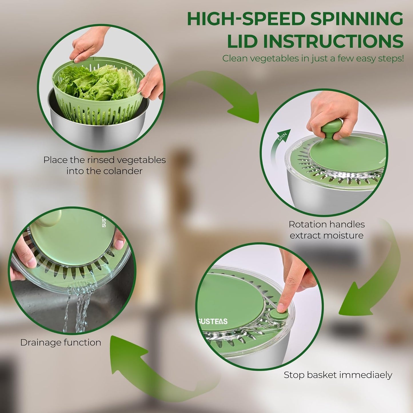 SUSTEAS Stainless Steel Salad Spinner Large, Vegetables Wash Bowl, Fruits & Herb Lettuce Dryer with 5 Blade Slicer Egg Yolk Strainer Shredder for Efficient Salad Preparation and Food Washing, 4.25Qt
