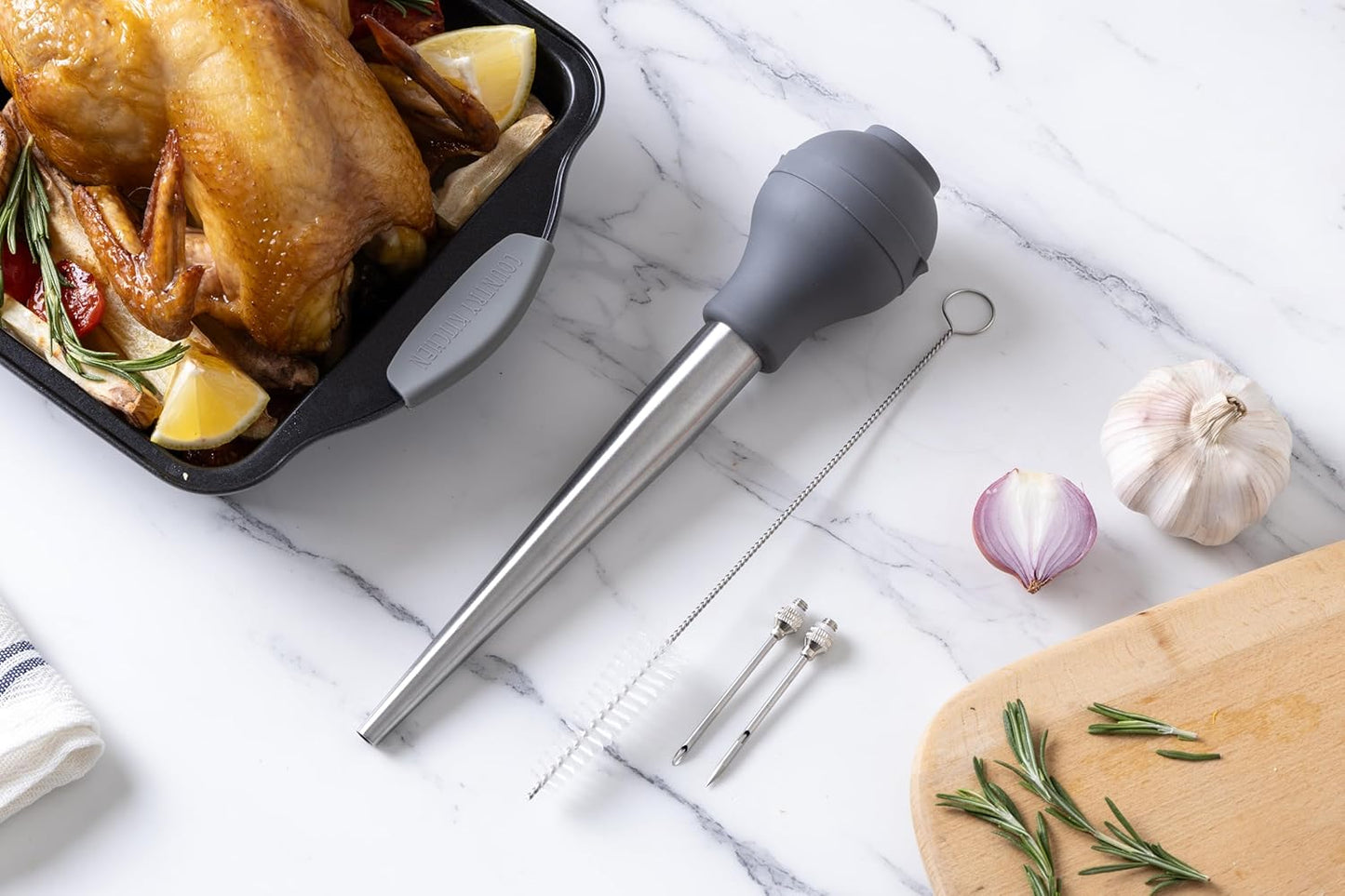 COOK WITH COLOR Turkey Baster with Cleaning Brush - Food Grade Syringe Baster For Cooking, Deluxe Set, Gray