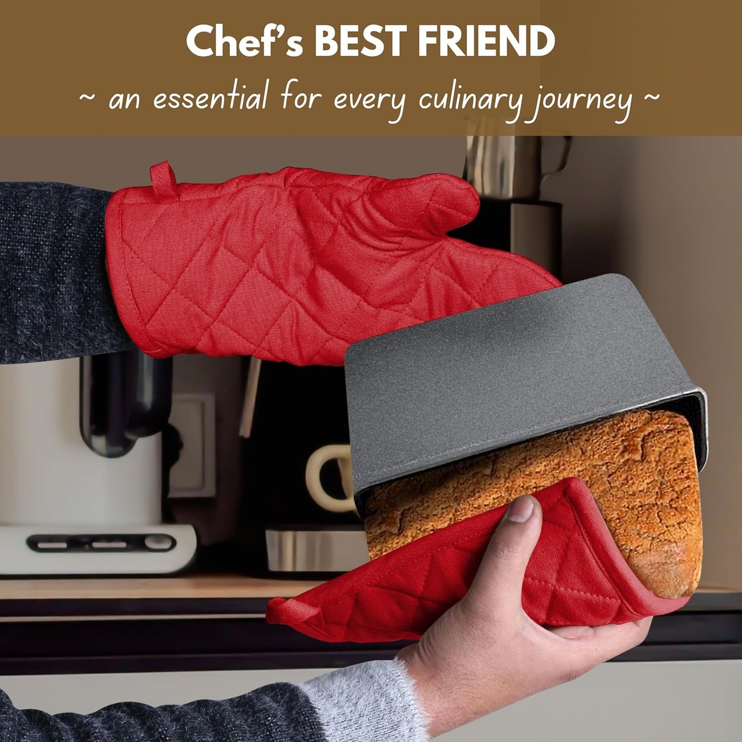 Native Fab Pot Holders and Oven Mitts Sets for Kitchen Heat Resistant - Hanging Non-Slip - 100% Cotton Kitchen Oven Mitts and Pot Holders 4-Piece Set - Red