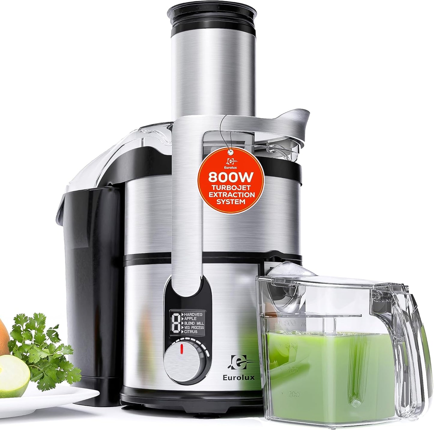 Eurolux 800W Premium Centrifugal Juicer for Whole Fruits and Vegetables – TurboJet Extraction System – 5-Speed Dial with Digital Display – Wide 3” Feed Chute – Easy to Clean – BPA-Free- Stainles Steel