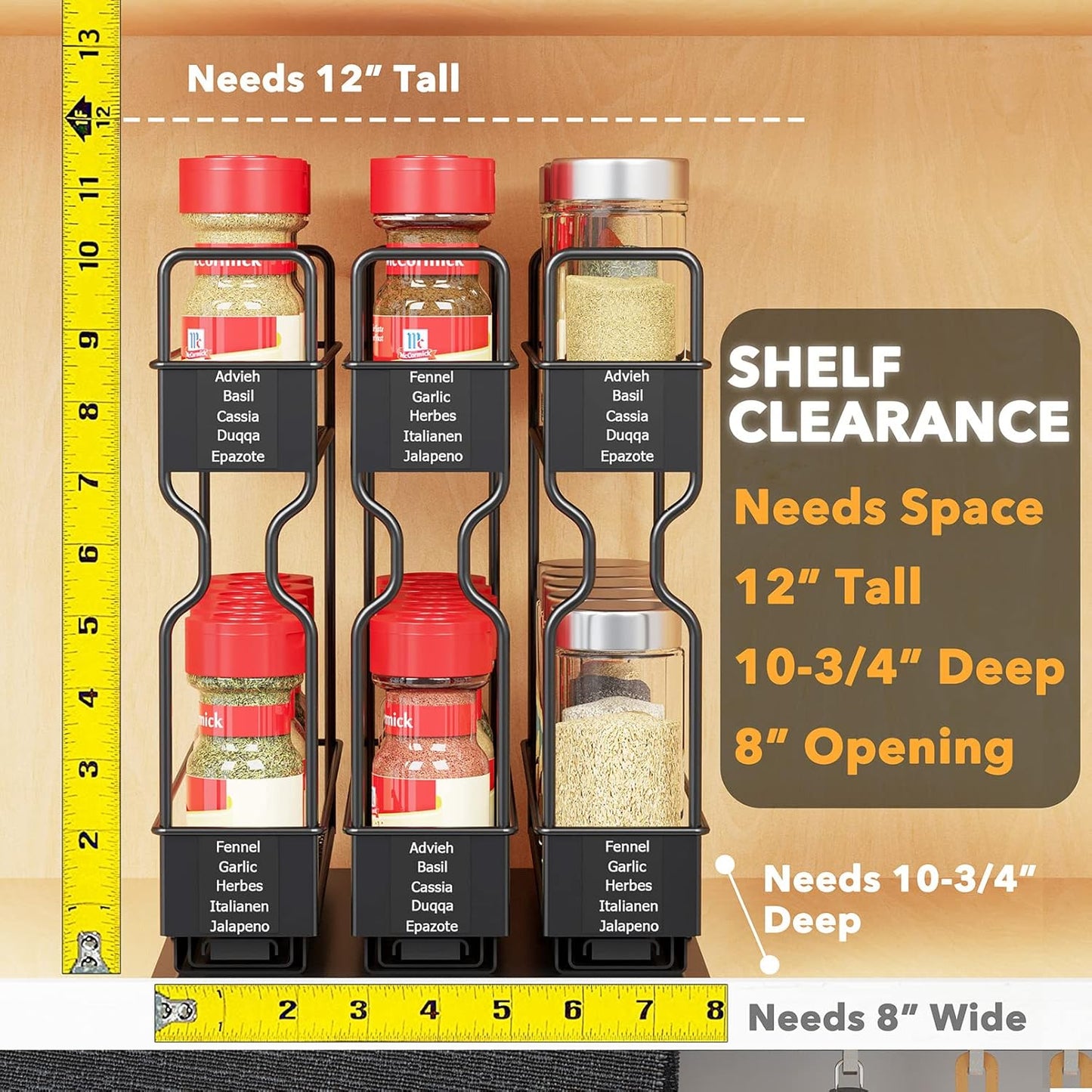 SpaceAid Pull Out Spice Rack Organizer, Heavy Duty Slide Out Seasoning Kitchen Organizer, Cabinet Organizer, with Labels, 7.7" W x10.75 D x10 H, 3 Drawers 2-Tier