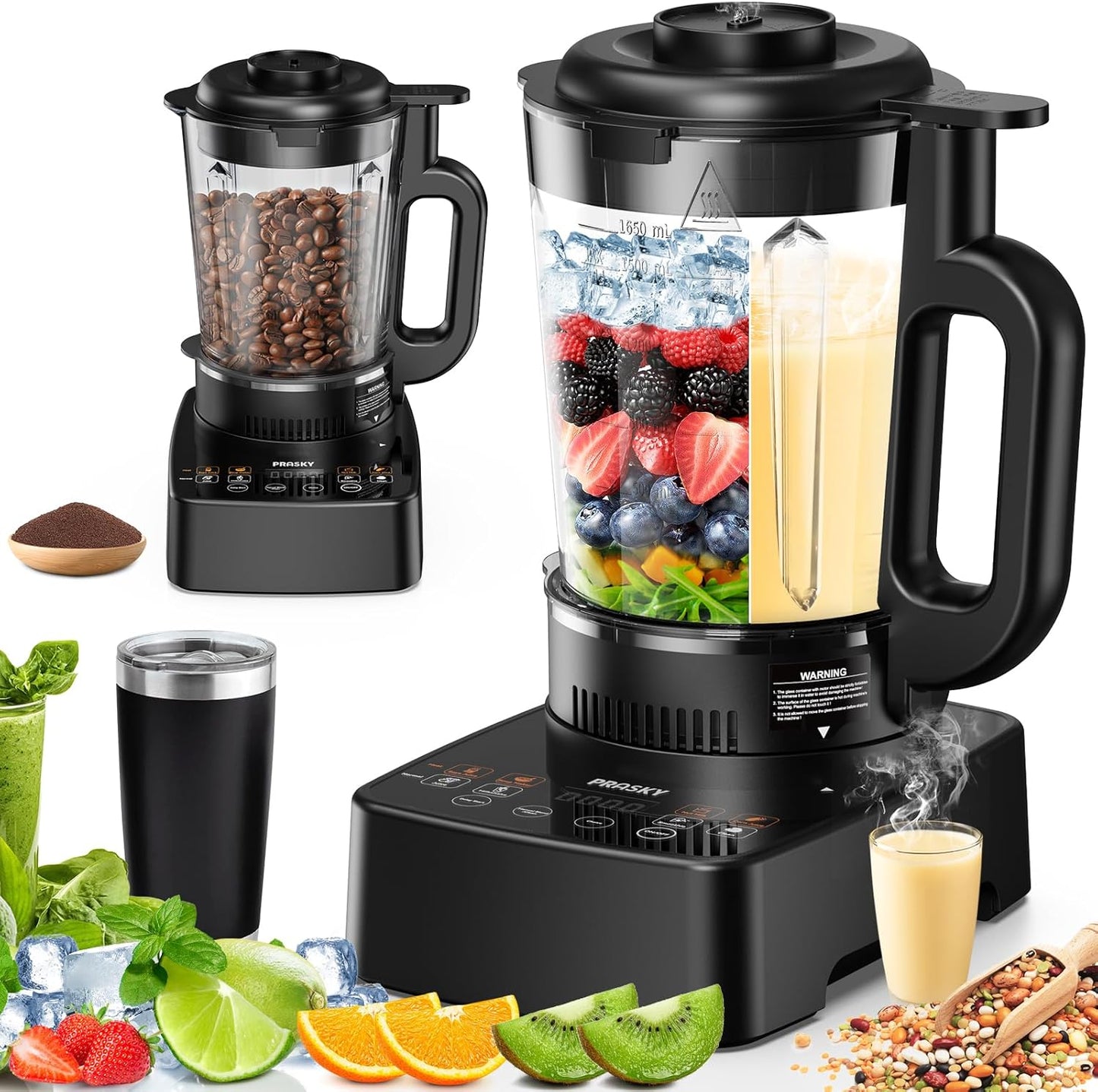 Blenders for Kitchen with Heating, PRASKY 1000W 55oz Glass Blender, 25000 RPM High Speed Professional Blender for Smoothies Shake Juice, Keep Warm & Auto Clean for Ice Crushing Soups Sauces (Black)
