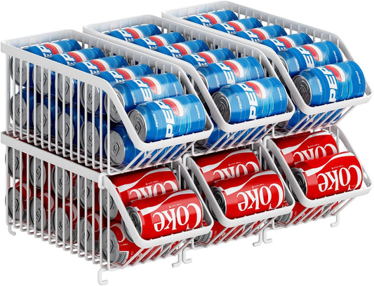 GILLAS 6 Pack Stackable Soda Can Organizer for Refrigerator, Can Holder Dispenser, Canned Food Storage Rack for Fridge, Kitchen, Countertops, Cabinets, White