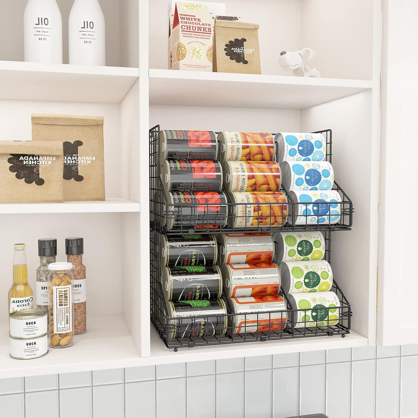 2 Pack Stackable Can Rack Organizer for Pantry Storage,Can Dispensers with 4 Adjustable Dividers, 2-Tier Metal Wire Basket Beverage Pop Soda Rack for Kitchen Cabinet Pantry, Black