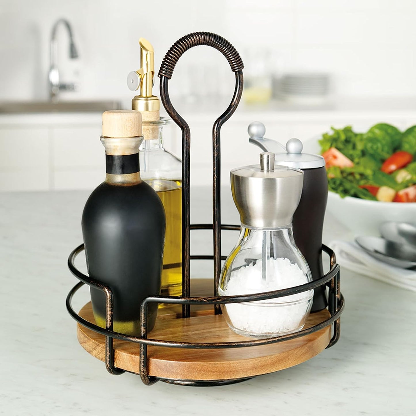 Mikasa Gourmet Basics Hanover Condiment Caddy with Rotating Caddy Organizer Design, Acacia Wood Insert - Durable, BPA-Free, Heavy-Gauge Carbon Structured Steel for Condiment Storage