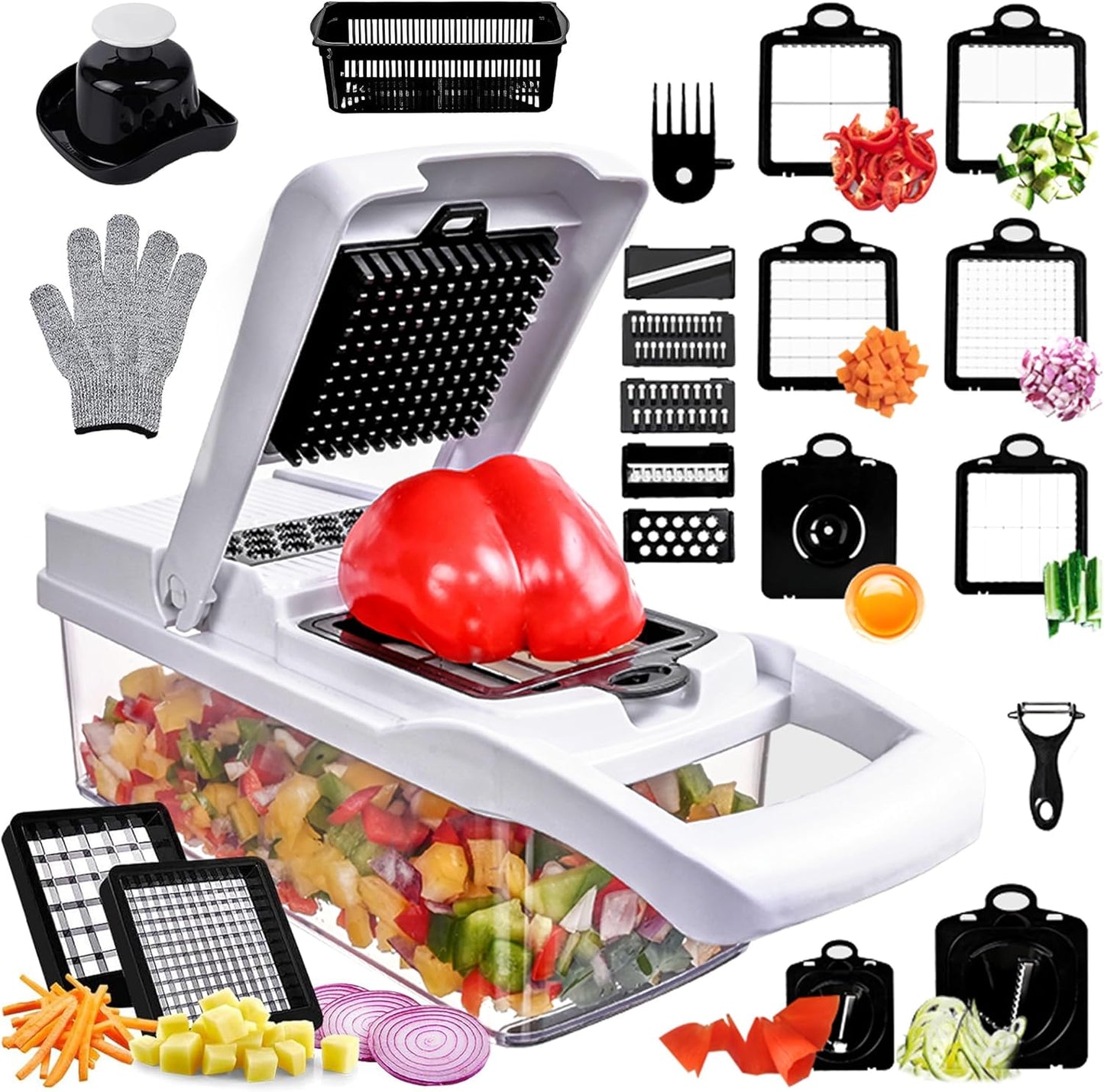 Vegetable Chopper,25 in 1 Multifunctional Food Chopper with Container,Kitchen Vegetable Slicer Dicer Cutter,Veggie Chopper Fruit Salad Potato,13 Blade Stainles Steel Blades（White）