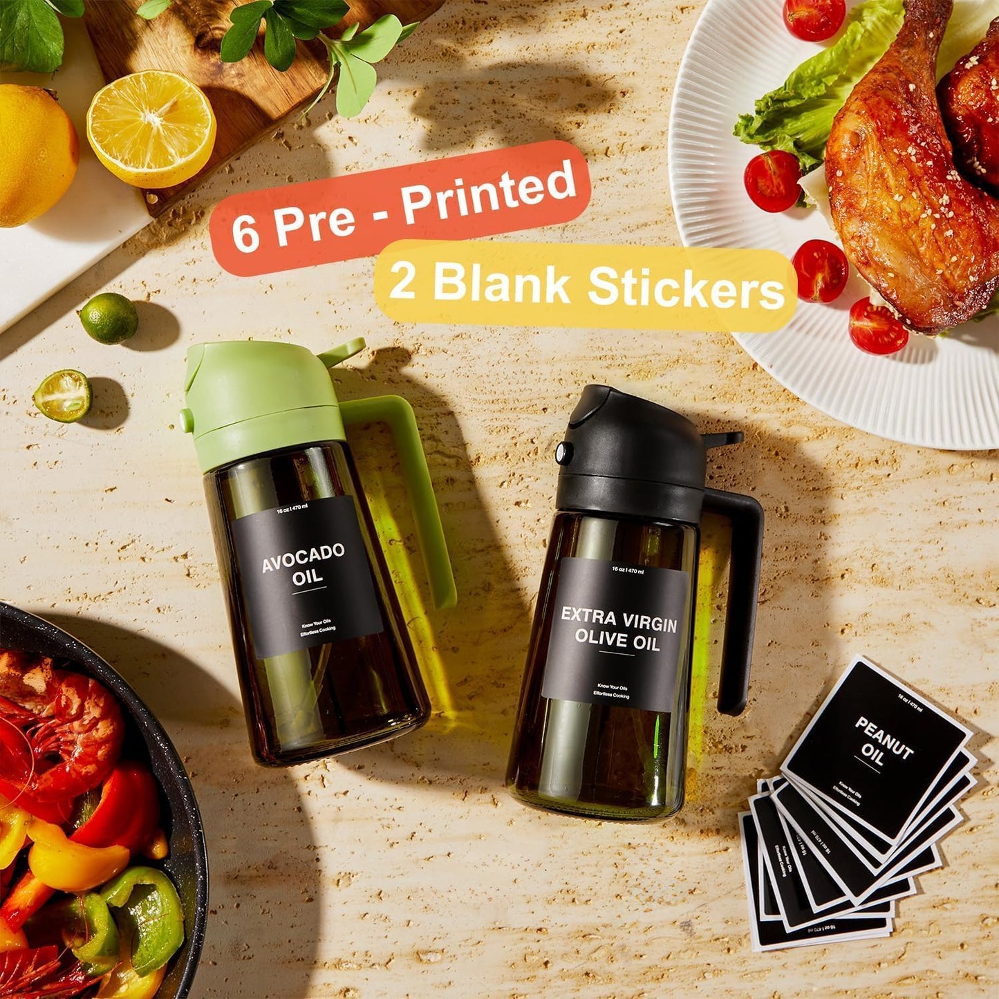 CXINYI - 16oz/470ml Olive Oil Dispenser for Kitchen with Stickers - 2 in 1 Olive Oil Sprayer for Cooking, Air Fryer, and Salad, Black&Blue (Light-Proof Kitchen Gadget)