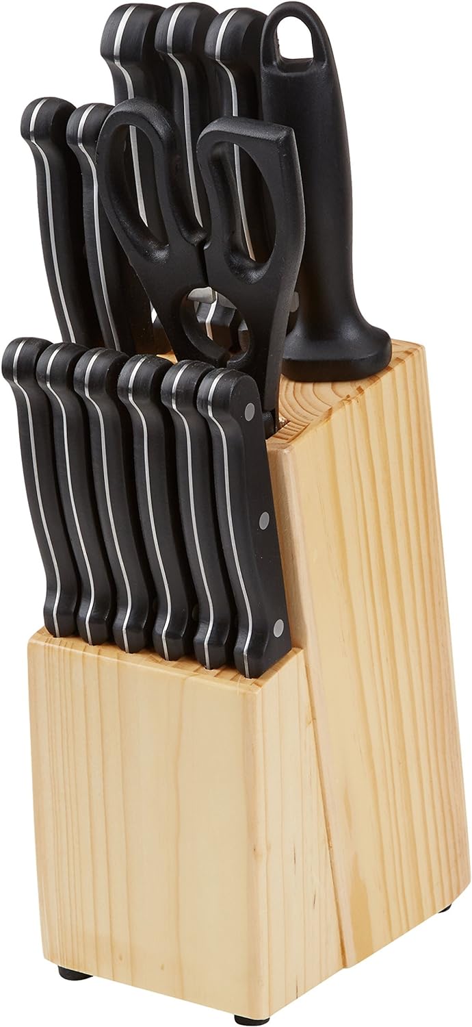 Amazon Basics 14-Piece High Carbon Stainless Steel Kitchen Knife Set with Sharpener and Pinewood Block, Black