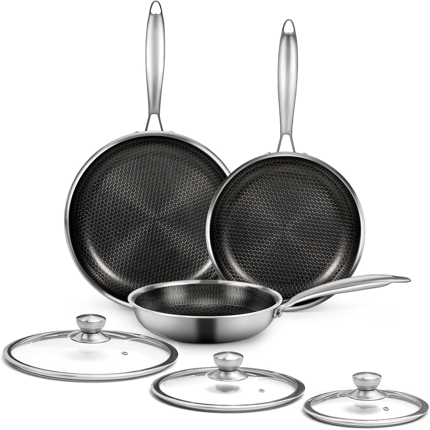 6-Piece Stainless Steel Frying Pan Set with Lids, Honeycomb Nonstick, Induction Compatible, PFOA Free