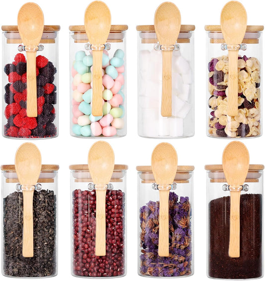 Glass Jar with Bamboo Lid and Spoon, 8Pack 10 OZ Tea Containers for Loose Leaf Tea, Salt and Sugar Containers for Countertop, Yogurt Jars for Overnight Oatmeal