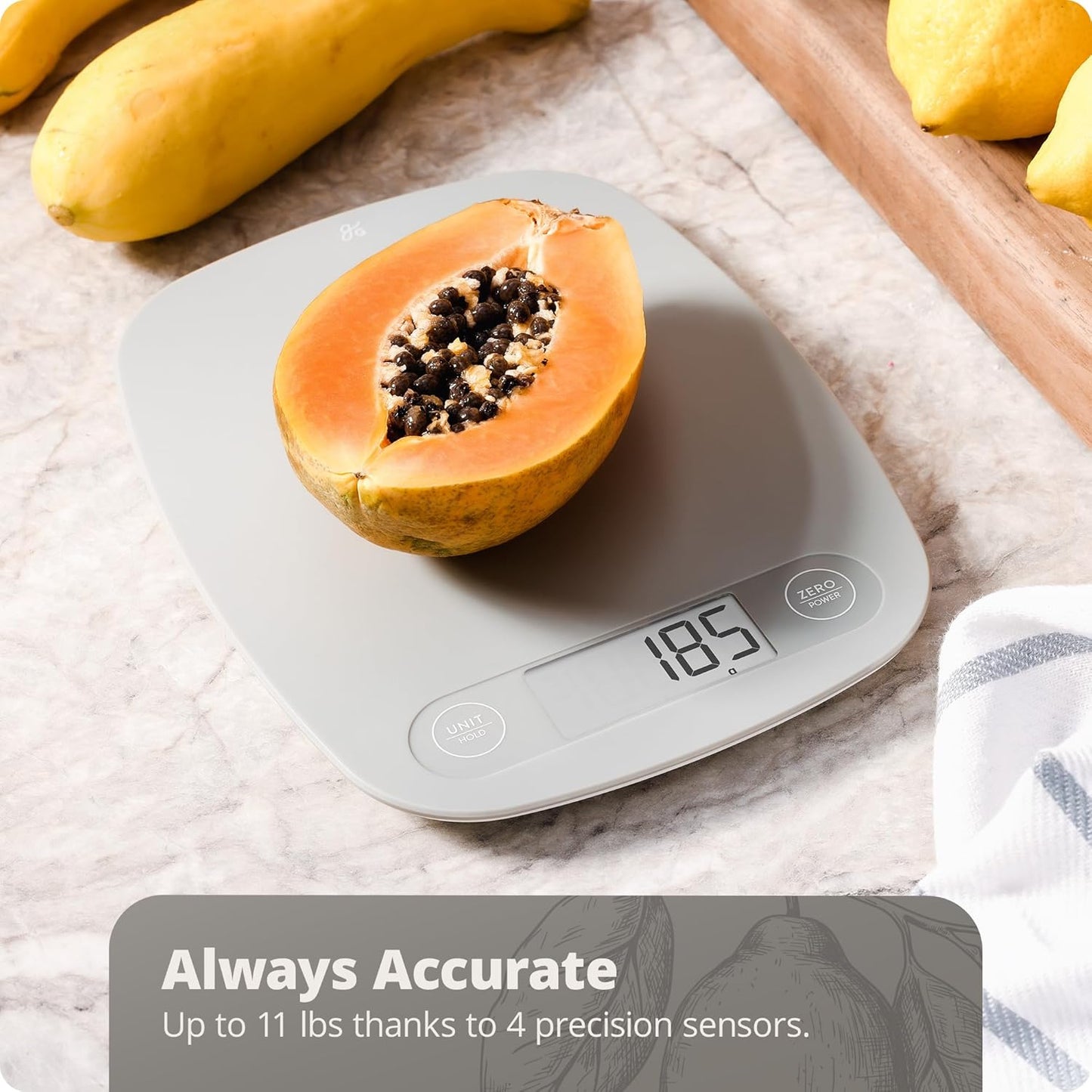 Greater Goods Compact Digital Kitchen Scale – Accurate Food Scale for Baking, Meal Prep, 4 Measuring Units, 11lb/5kg