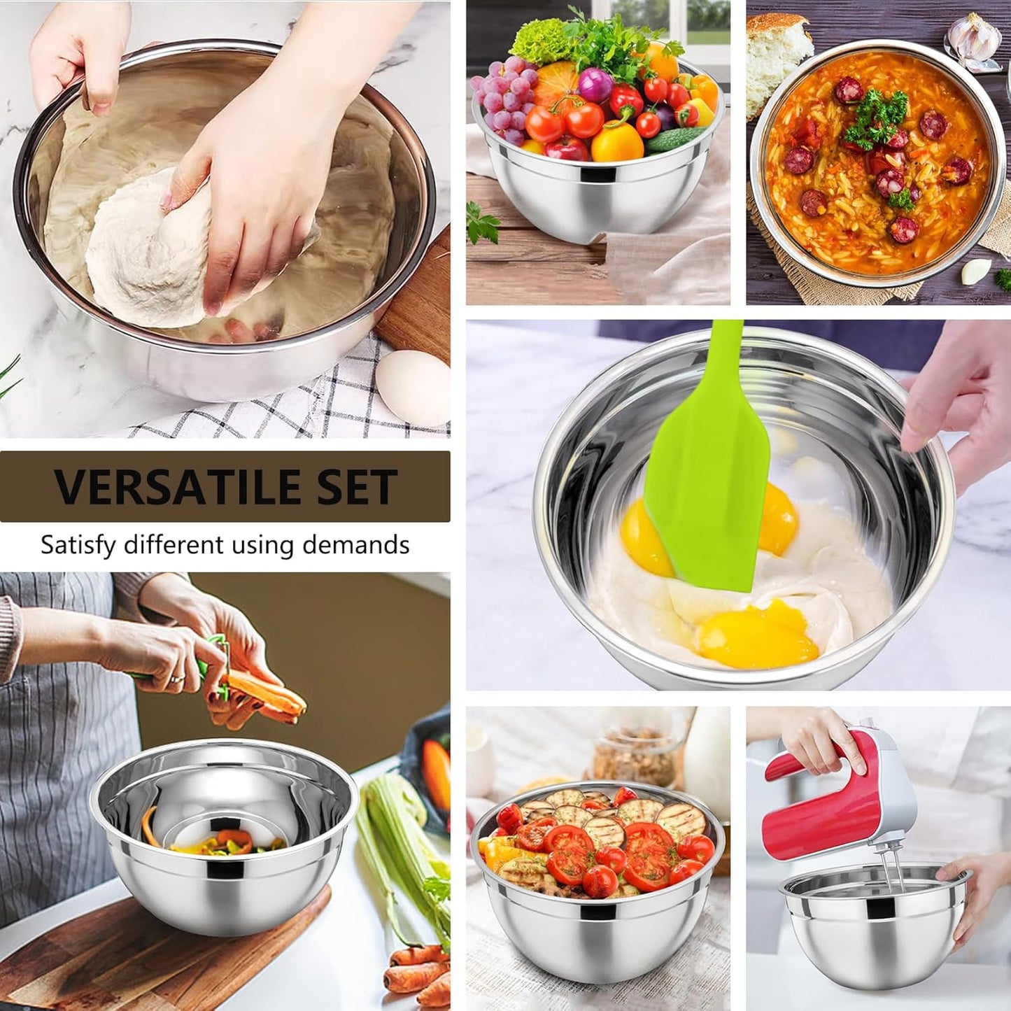 P&P CHEF Mixing Bowl with Lid Set of 7, Stainless Steel Nesting Salad Bowls for Cooking Serving Prepping, Clear Lids & Stackable Design, Size 4.6, 3.5, 3, 2, 1.5, 1, 0.7 Qt - Khaki
